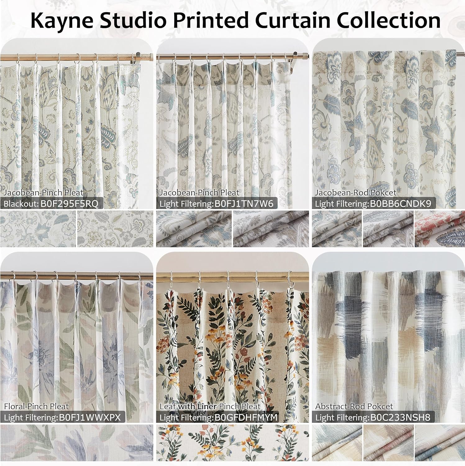 Kayne Studio Botanical Print Semi Sheer Curtains Blue Grey Floral Leaf Farmhouse Linen Curtain Drapes Light Filtering Window Treatments for Living Room Bedroom Rod Pocket Back Tab,52"x63",2 Panels