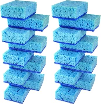 Blue Multi Use Scrub Sponge. Made in Europe. 18 Pack, 4.3x2.8x1.4 inches. Heavy Duty and Non Scratch Fiber. Odorless, Durable. Delicate Scouring Surface