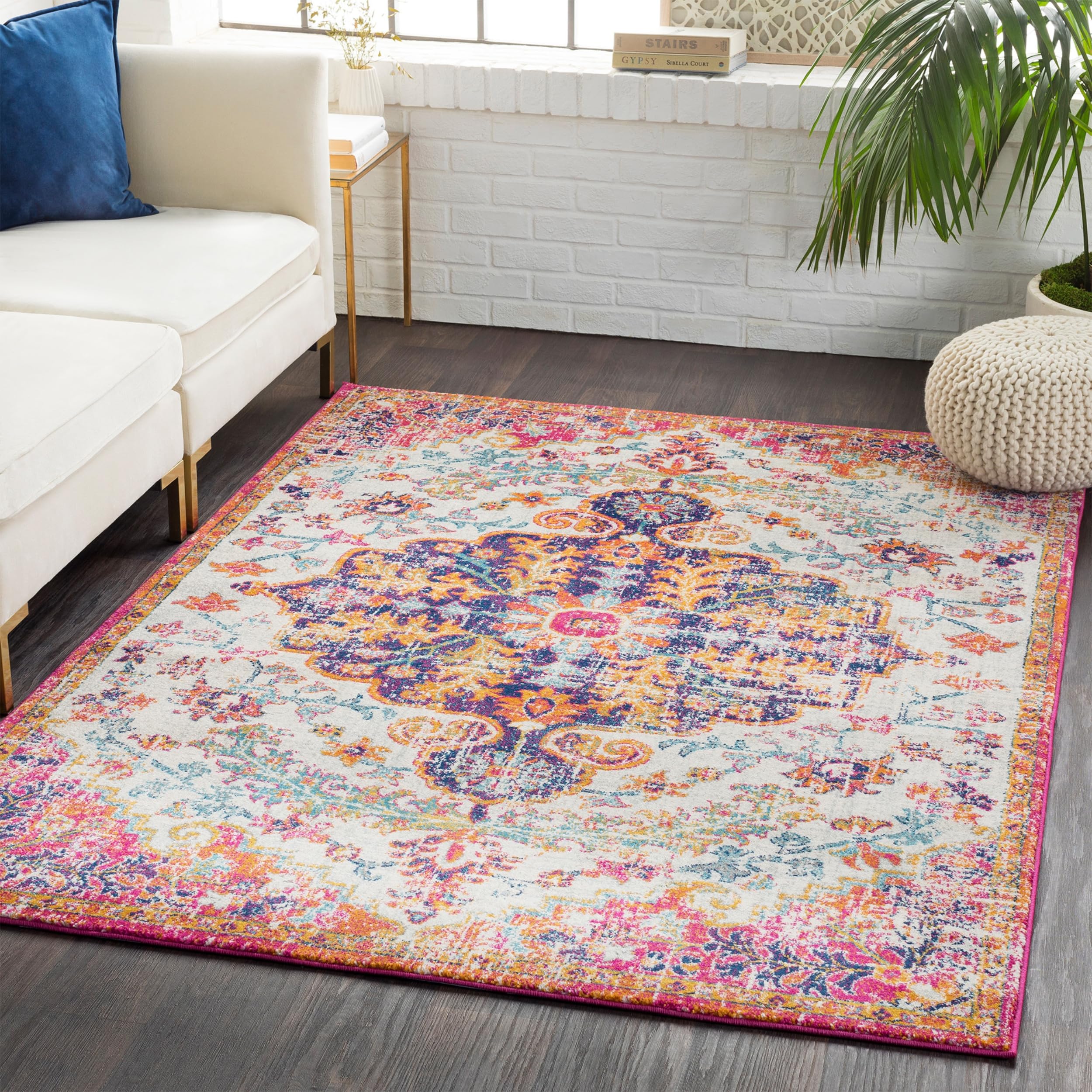 Livabliss Lou Asmara Vintage Rug – Multicolour Boho Area Rug for Living Room, Dining & Kitchen, 120x170 cm, Easy-Care Pile, Large Traditional Bohemian Rug in Orange and Burgundy