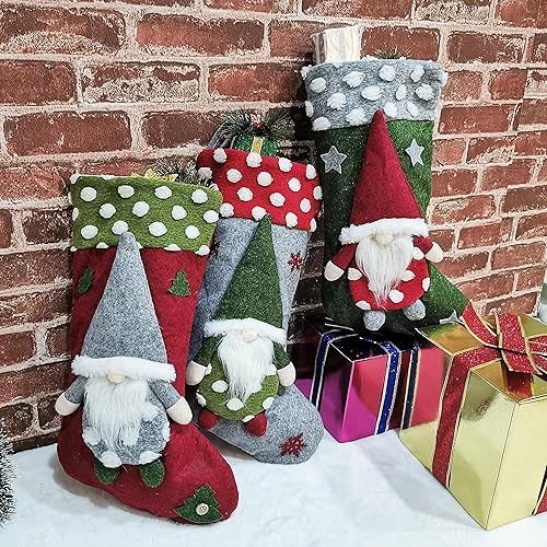 Miniatura 5 de Paquete de 3 calcetines de Navidad, gnomos 3D de 19 pulgadas, calcetines de Navidad de Papá Noel, medias colgantes para chimenea, decoración de
