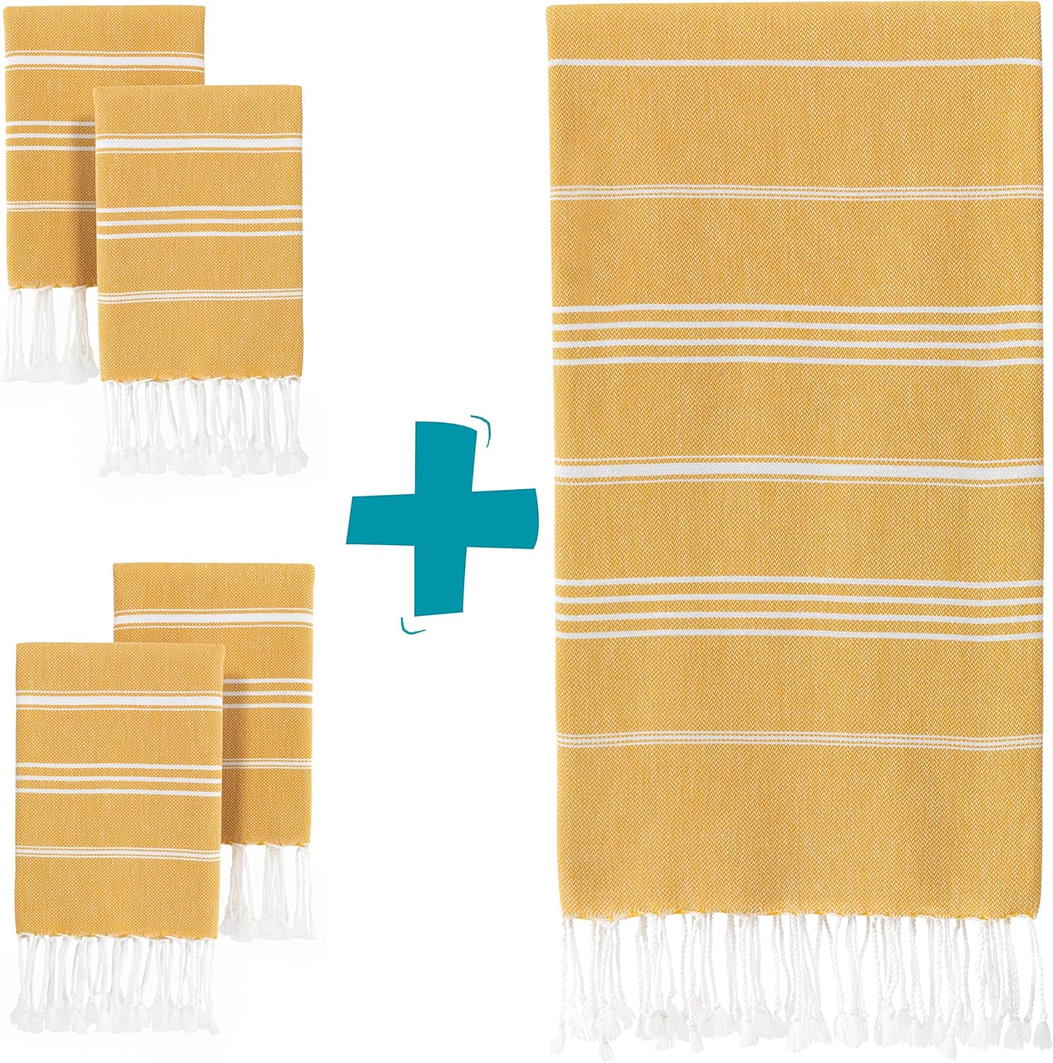 WETCAT Bundle: Turkish Hand Towels (20 x 30, Set of 2) and Turkish Bath Towel (38 x 71) - 100% Cotton, Prewashed for Soft Feel - Honey Gold Towels for Bathroom and Kitchen & Bathroom Accessories Set