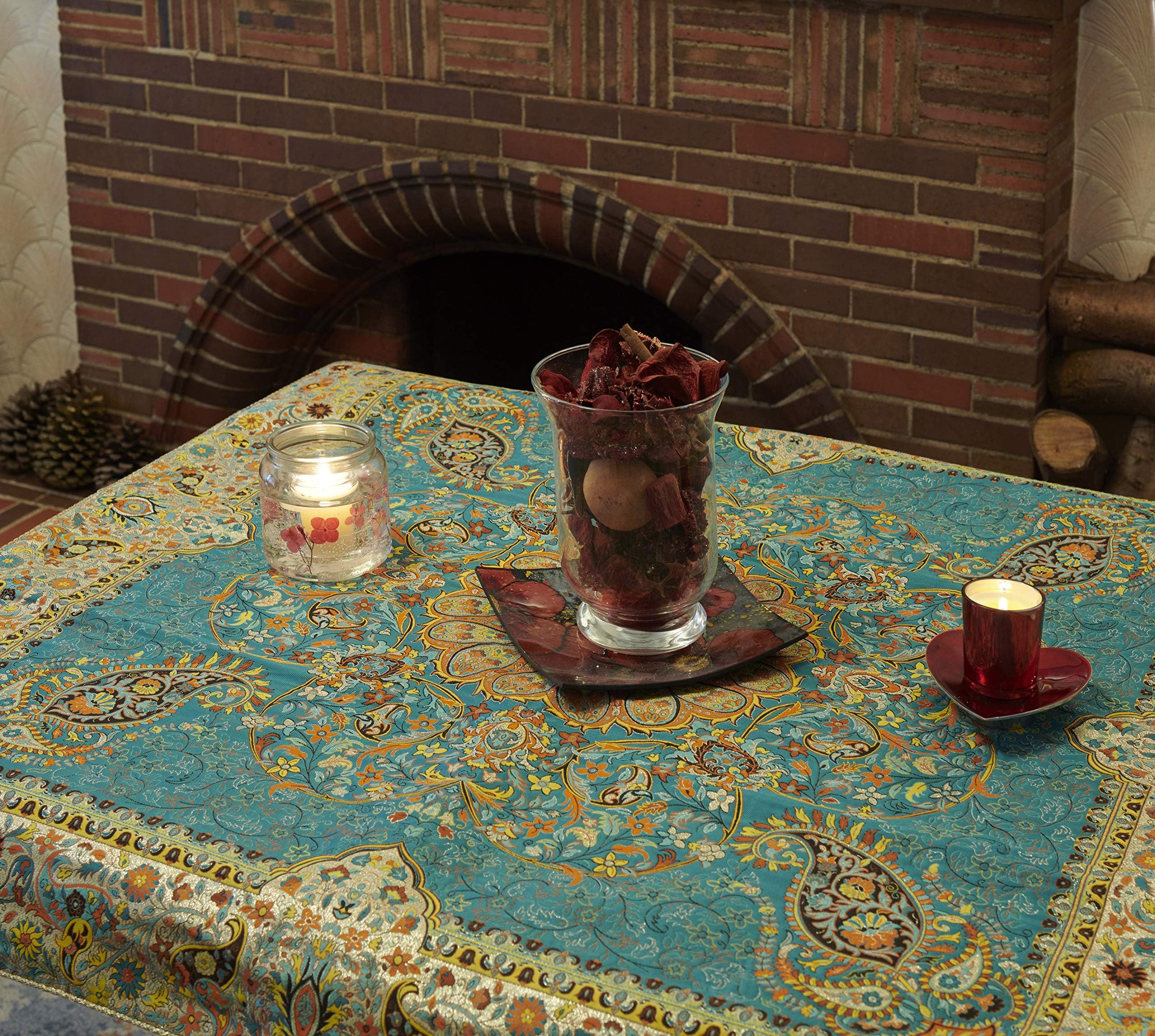 Termeh tablecloth, persian exquisite rug style tapestry tablecloth Series 2 Teal Size: 100 cm (39.37") ×100 cm (39.37")