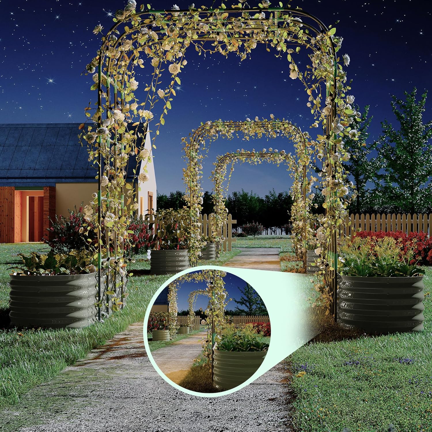 Galvanized Steel Raised Garden Bed Kit with 89" Rust-Proofs Trellis Arch - 2 In 1 Vertical Gardening System for Climbing Plants & Flowers | Heavys-Duty Outdoor Planter Box Tool-Free Assembly(Beige)