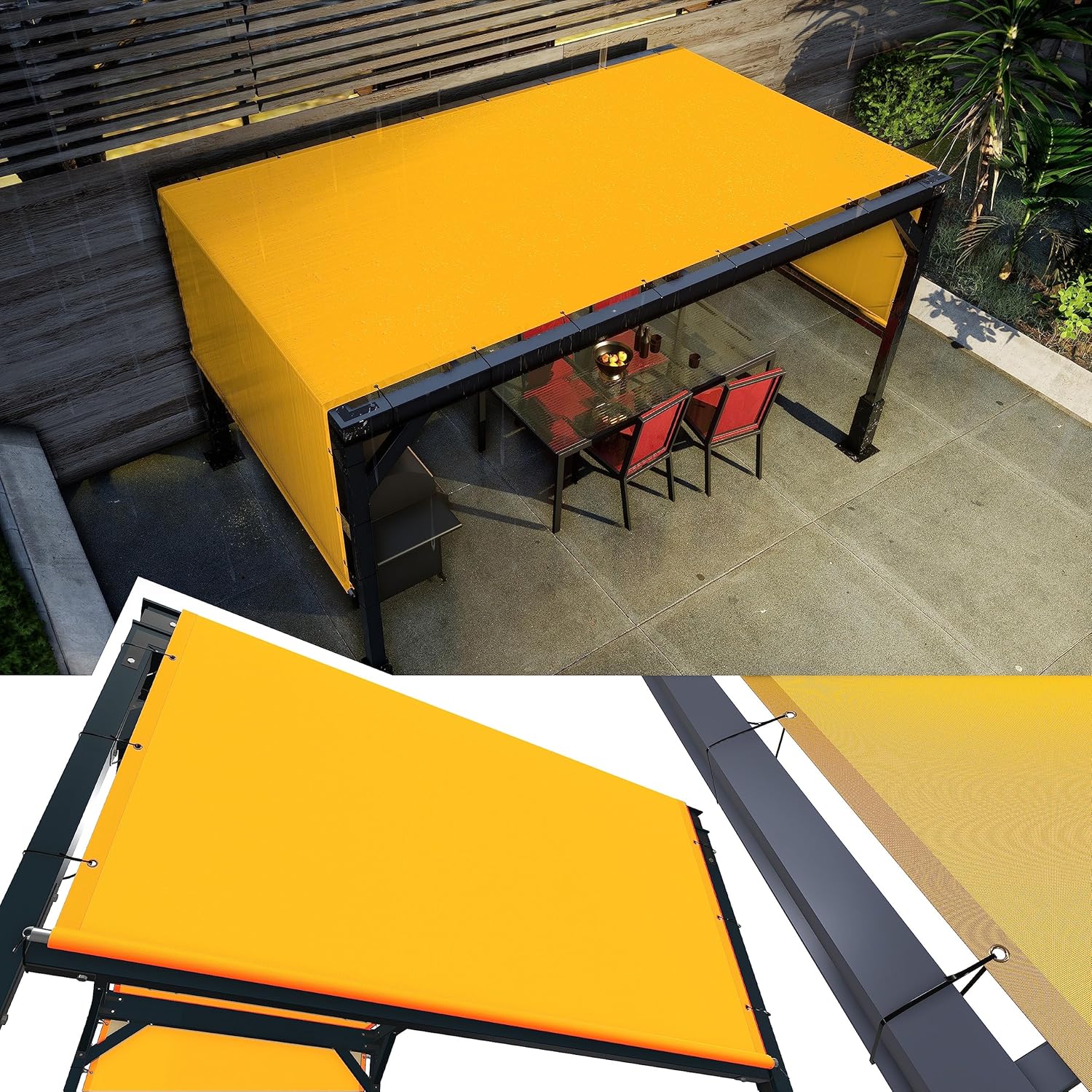 Amgo 10' W x 12' L Yellow Waterproof Pergola UPF50 Sun Shade Canopy Replacement Cover, 220 GSM Cloth for Outdoor Patio, 95% UV Blockage, Includes Stainless Steel Weighted Rods (We Customize)