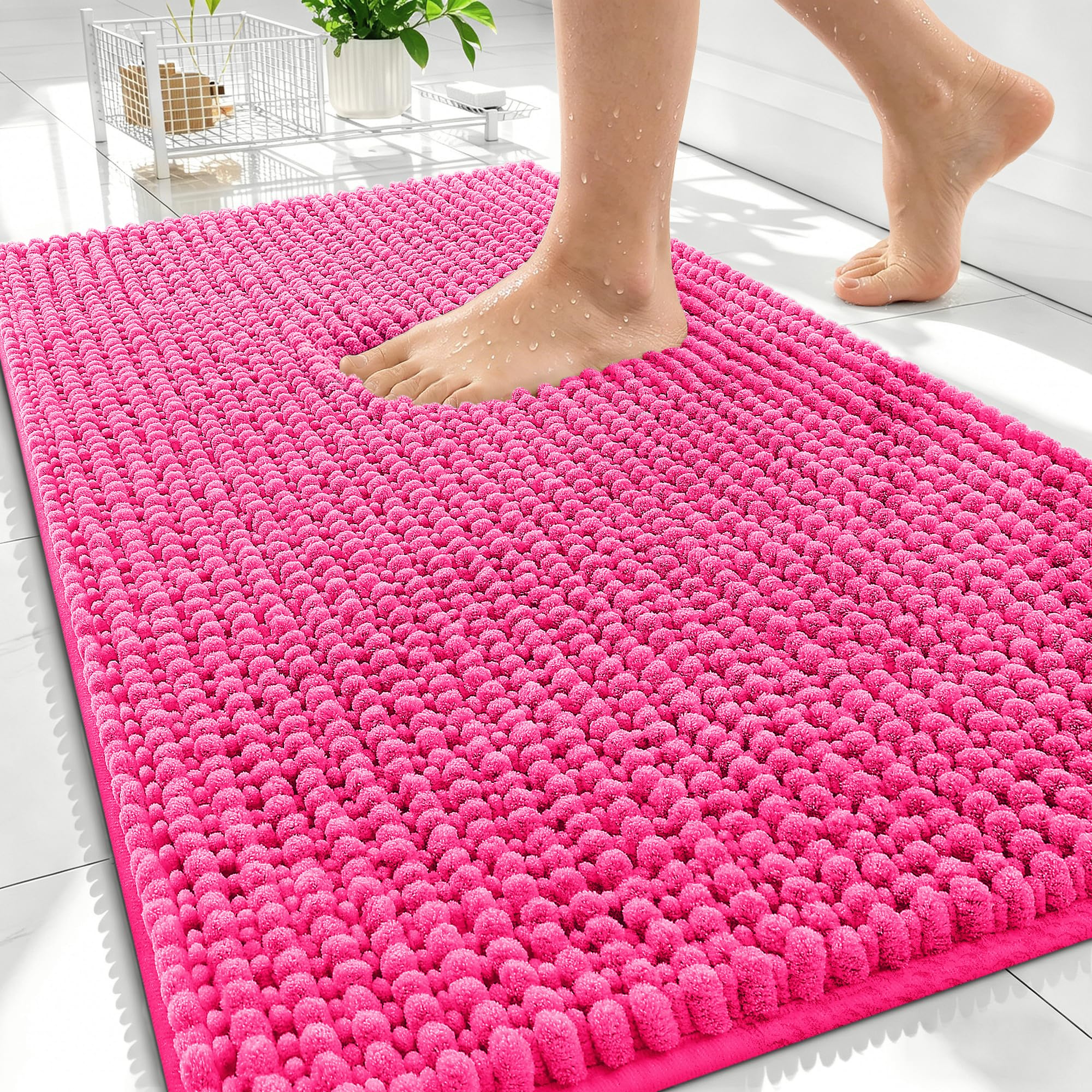 OLANLY Thick Chenille Absorbent Bathroom Rugs Mat 30x20, Hot Pink
