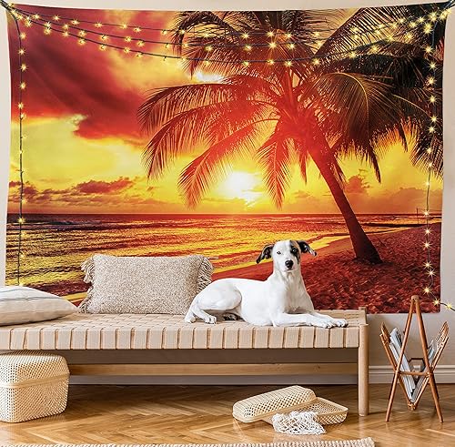 Miniatura 8 de Lunarable Tapiz de playa tamaño King, puesta de sol en la playa tranquila con palmeras, vista panorámica exótica de la isla caribeña de Barbados,