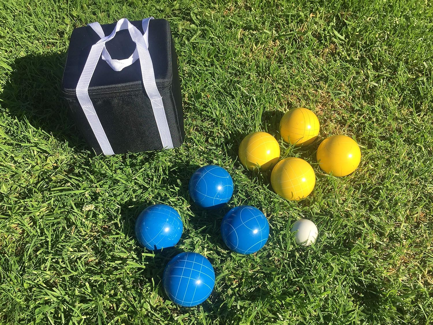 New Listing - (19 of 28) Unique Bocce Sets - 107mm with Blue and Yellow Balls, Black Bag