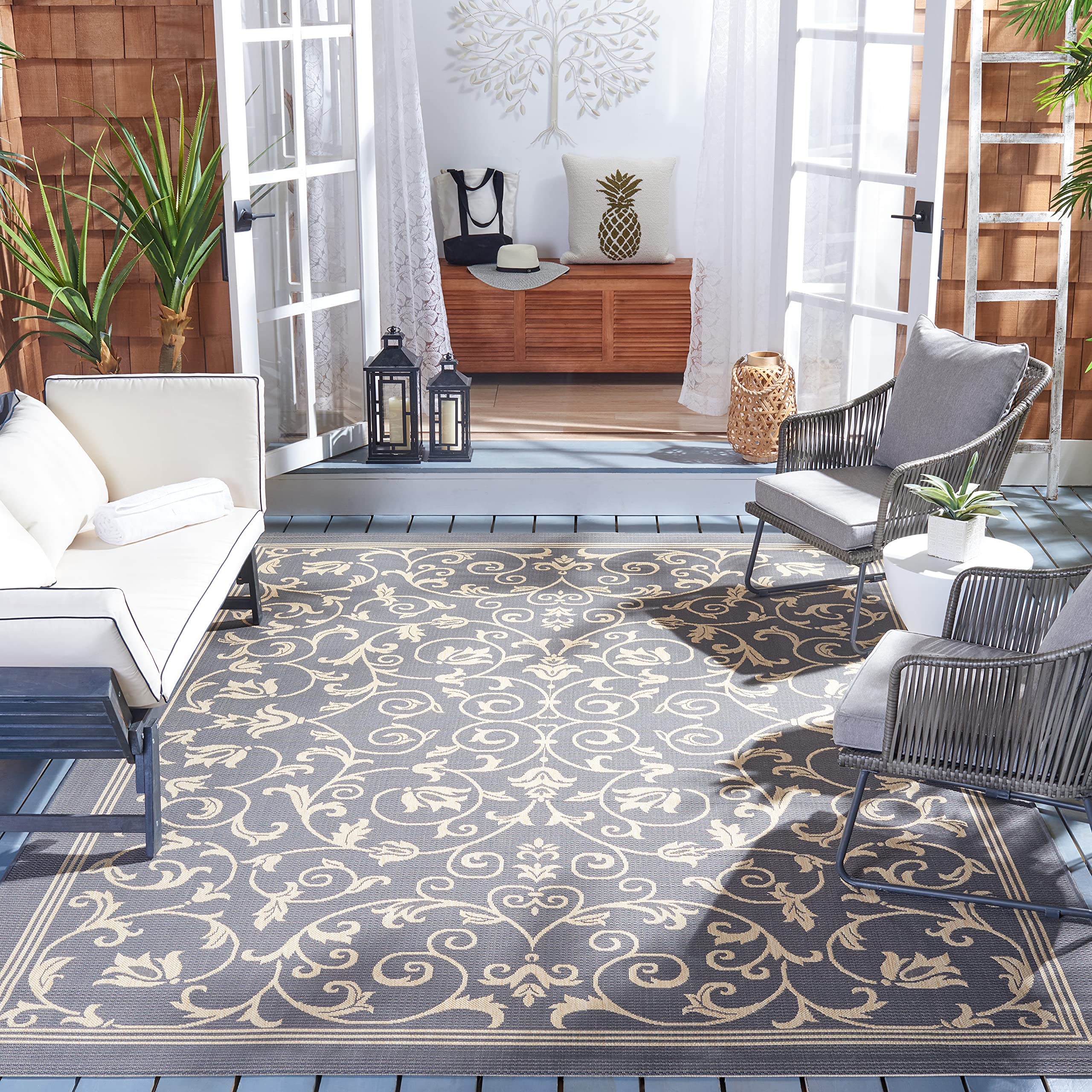 SAFAVIEH Washable Rug Outdoor Courtyard Collection - 7'10" Square, Grey & Natural, Non-Shedding & Easy Cleaning, Ideal for Patio, Backyard, Mudroom (