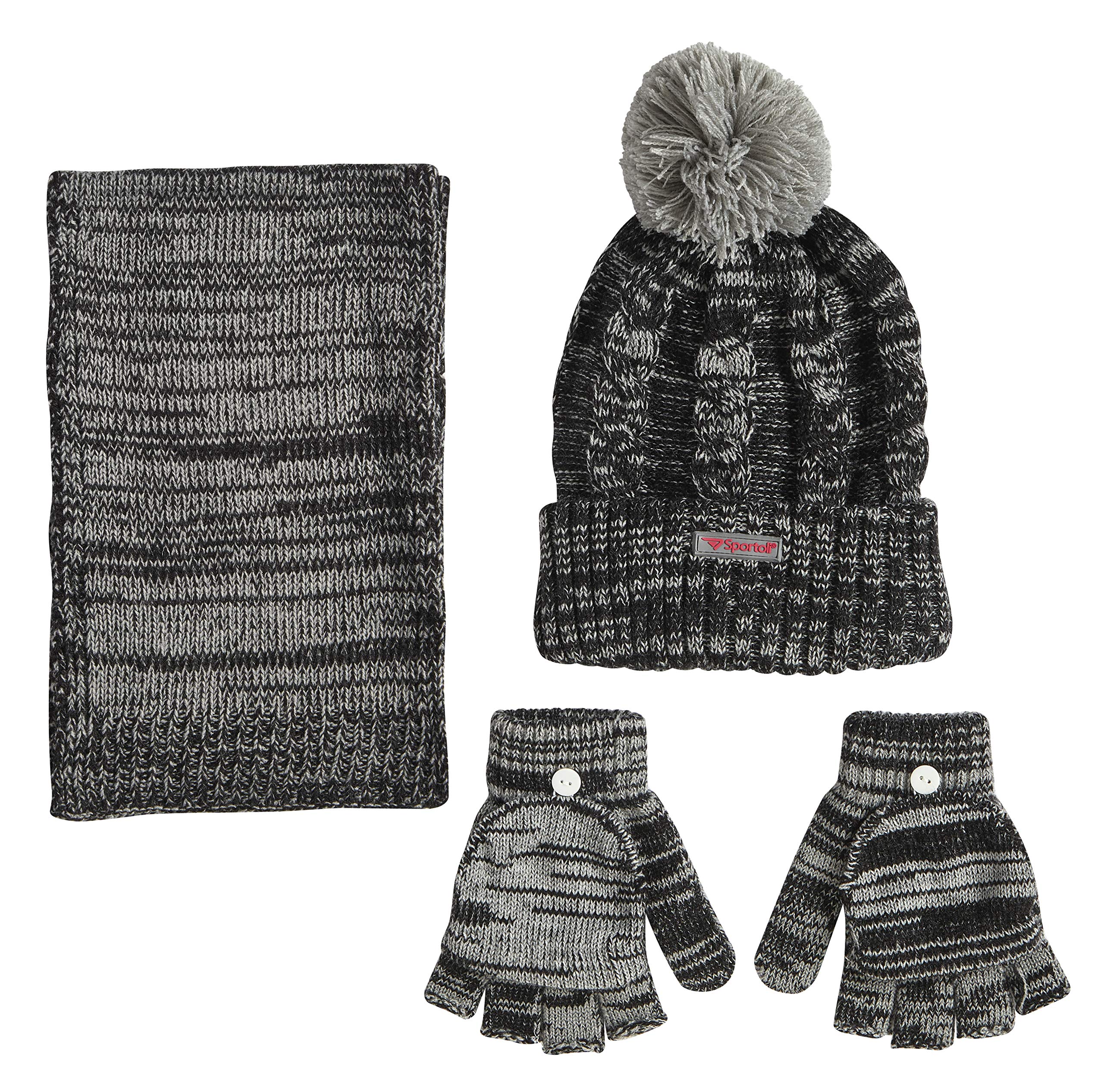 Sportoli Women’s Girls’ kids 3-Piece Cable Knit Cold Weather Set Hat Scarf Glove - Black (Size Kids / 4-7 Yrs)