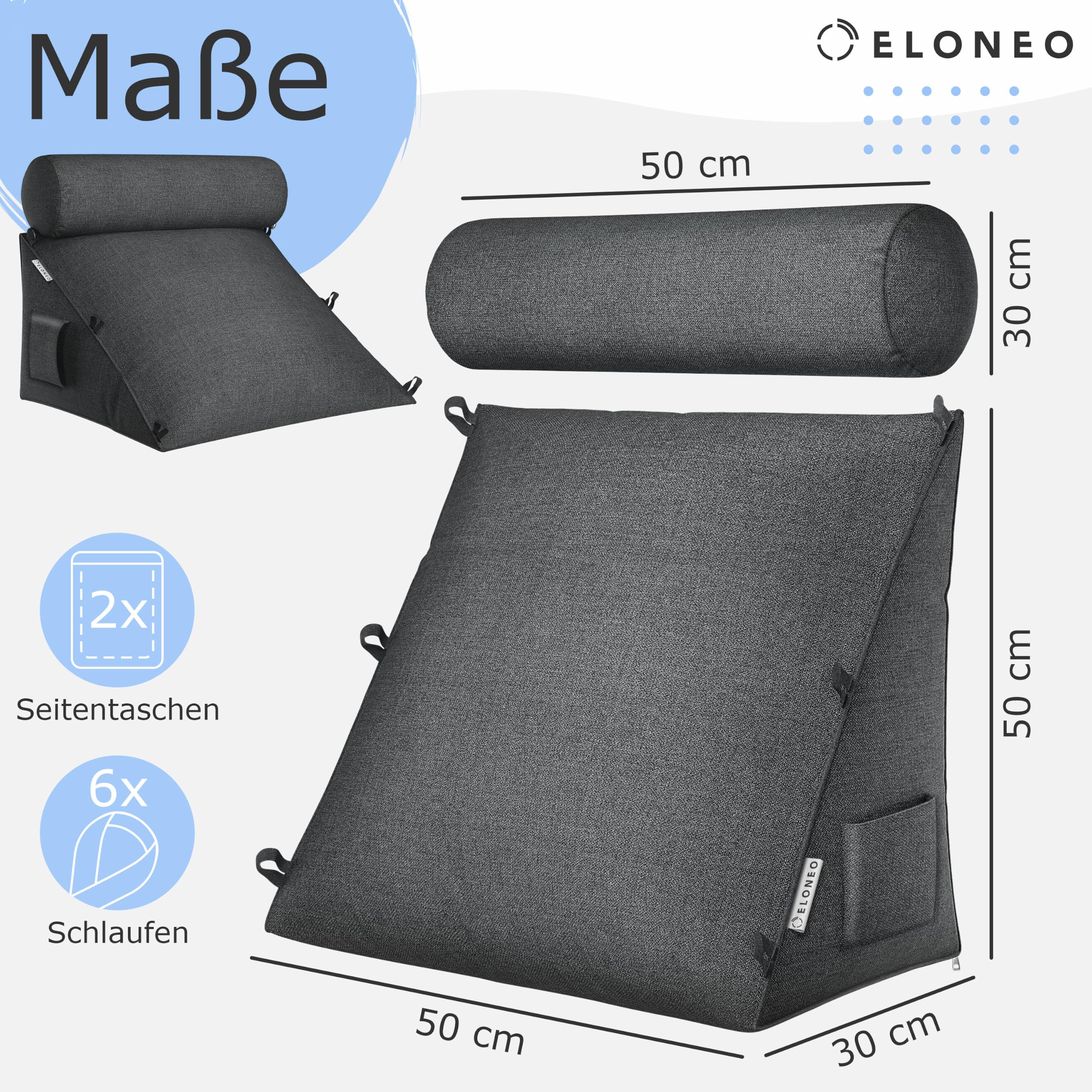 maxVitalis Rückenkissen Bett / Sofa mit Abnehmbarer Nackenrolle und Seitentasche, Rückenstützkissen mit Nackenkissen, Bezug waschbar, Lesekissen, Bücherkissen, Rückenlehne, 55×50×30 cm, Dunkelgrau