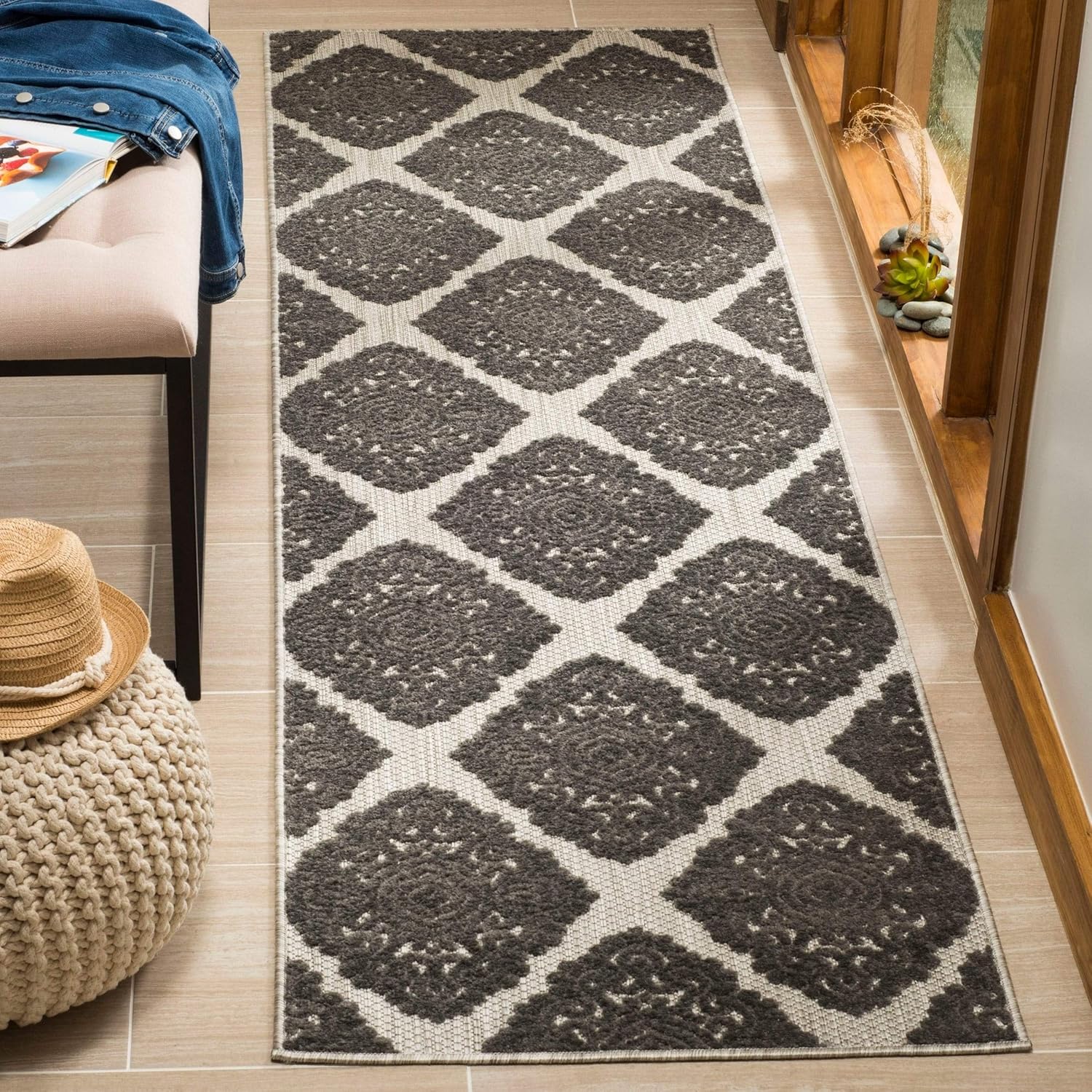 SAFAVIEH Washable Rug Outdoor Cottage Collection - 2'3" x 8' Runner, Anthracite & Cream, Non-Shedding & Easy to Clean, Ideal for Patio, Backyard, Mudroom (COT907E)
