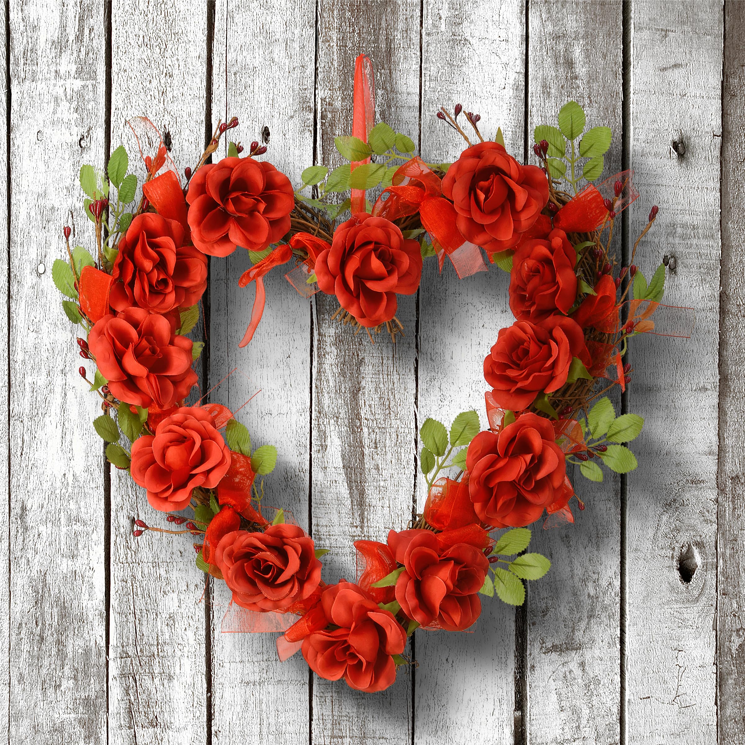 National Tree 16 Inch Valentine Heart Wood Wreath with Red Roses and Bows (RAV-15531AX16)
