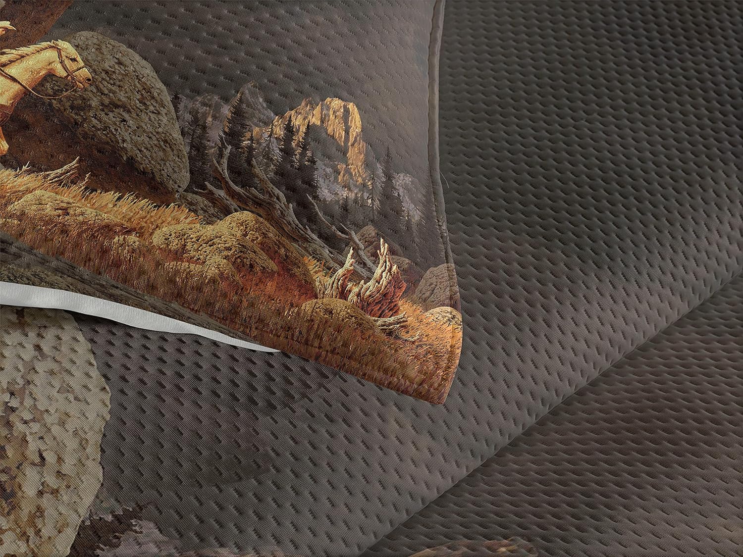 Ambesonne Western Coverlet, Rock Mountain Landscape with Cowboy Riding Horse NorthmericStyle, 2 Piece Decorative Quilted Bedspread Set with 1 Pillow Sham, Twin Size, Earth Yellow Grey