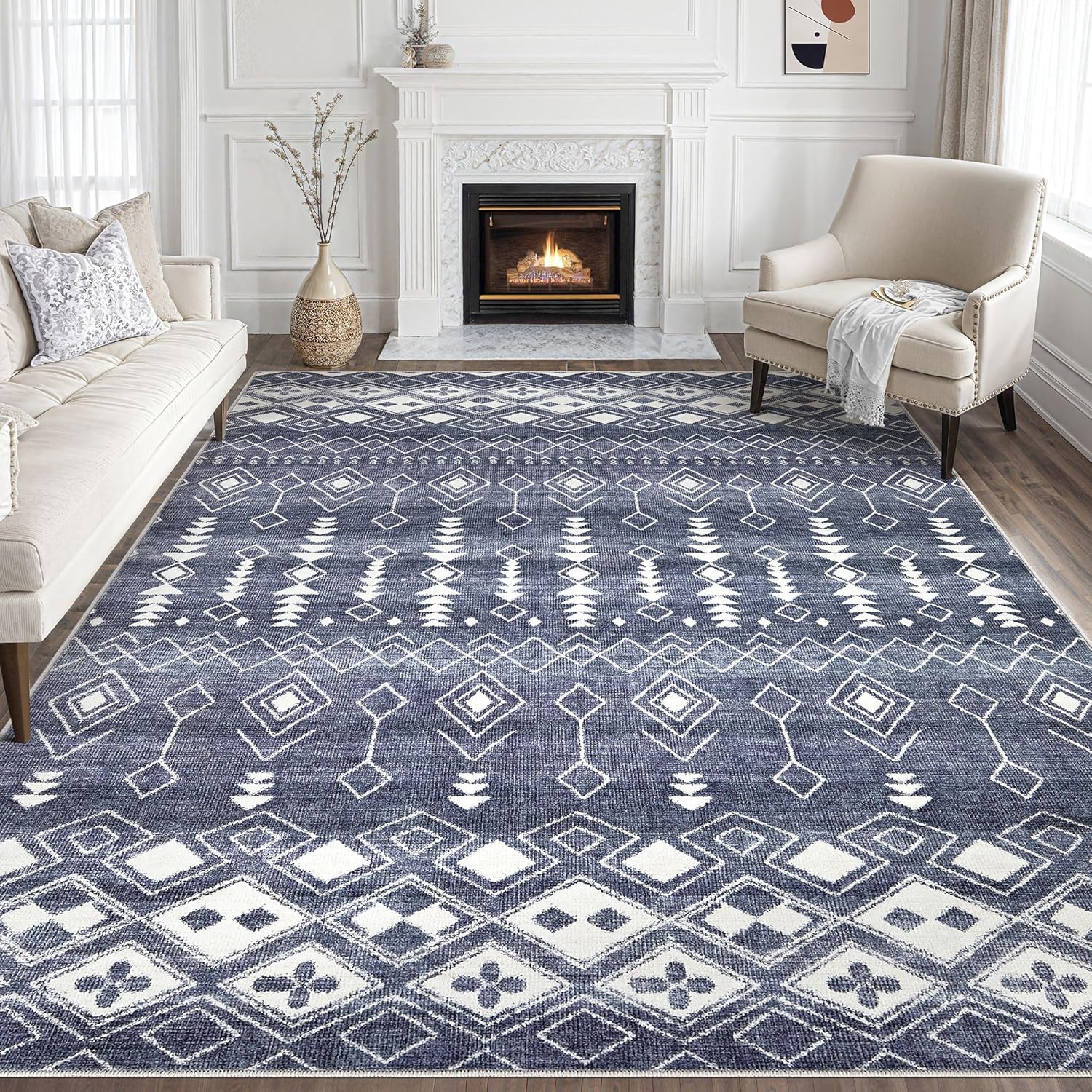 Area Rug Living Room Rugs - 9x12 Washable Large Soft Neutral Boho Moroccan Bohemian Farmhouse Rug Indoor Floor Carpet for Bedroom Under Dining Table Home Office Decor - DenimBlue