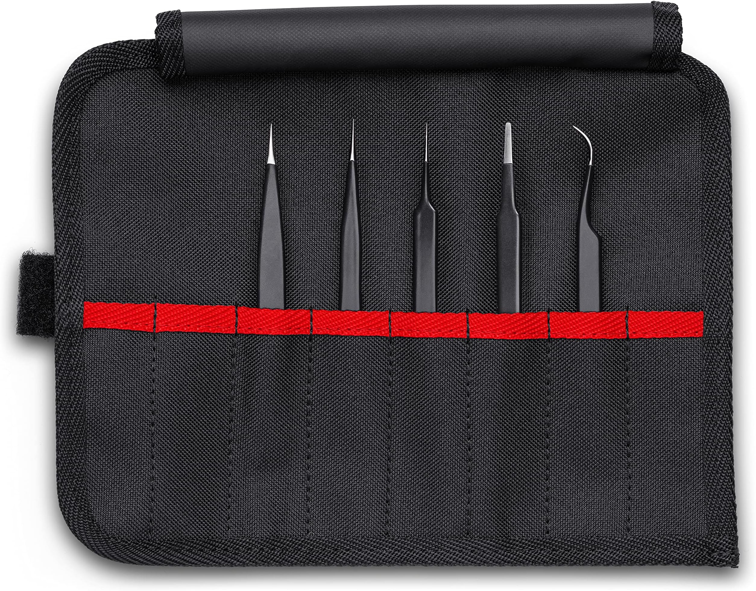 KNIPEXTools 92 00 01 ESD 5 Pc Stainless Steel Tweezers Set in Tool Roll-ESD, Black