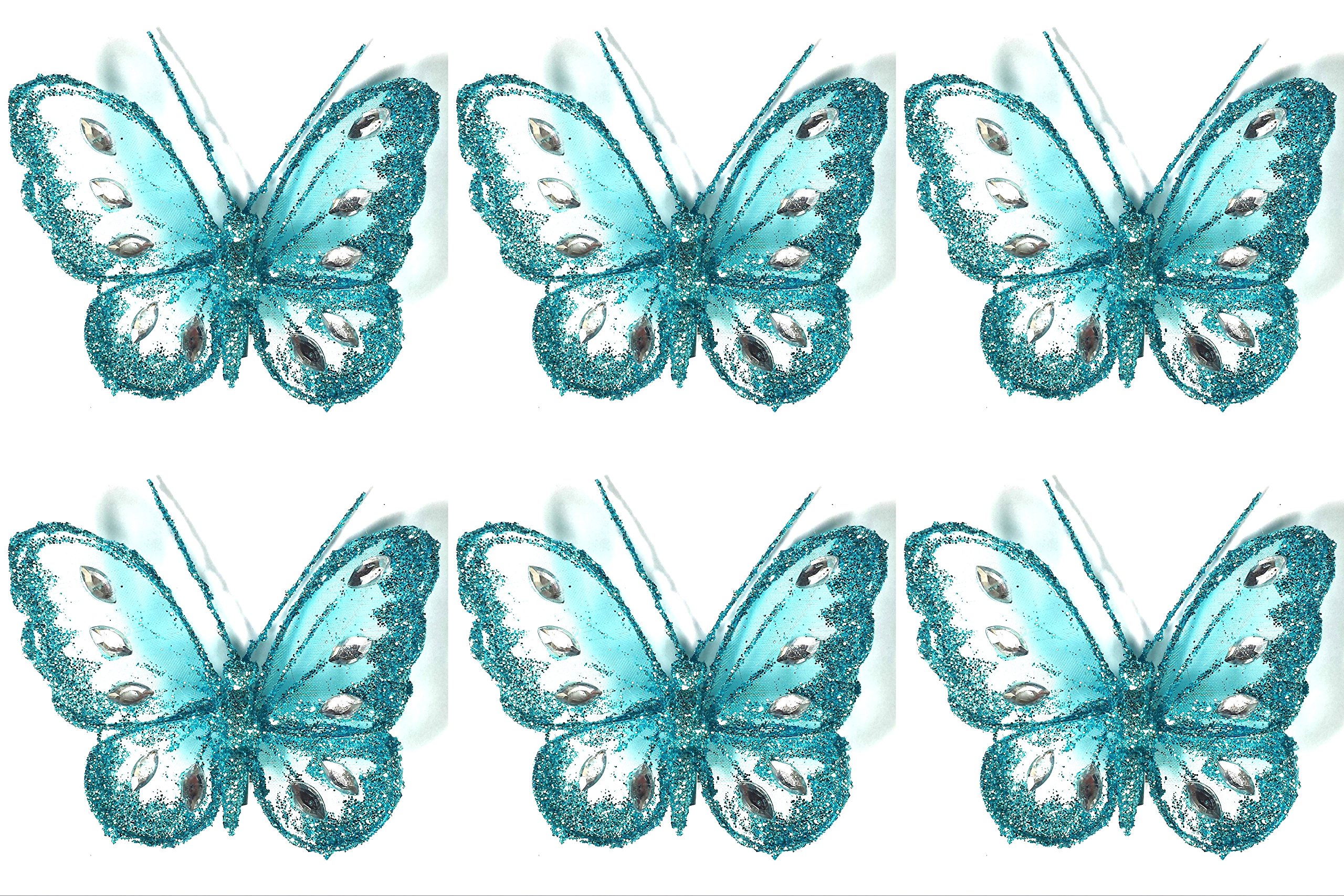 SET OF 6 Clip On Jewelled Glitter Mesh Decorative Butterflies 8cm (TEAL)