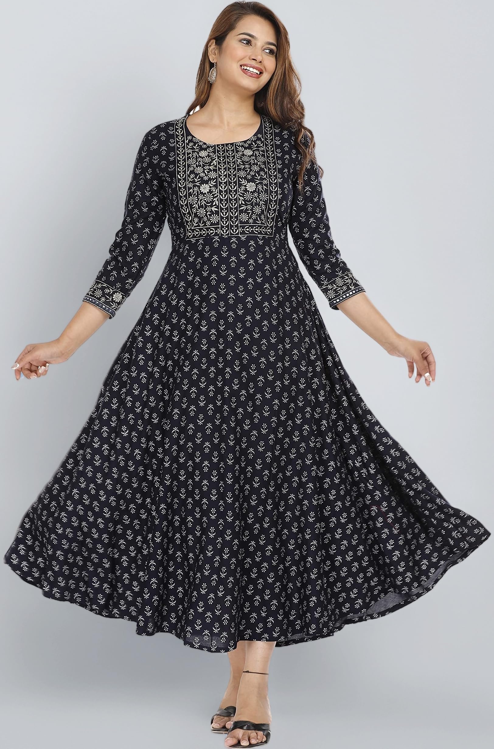 Womens Printed Rayon Embroidery Work Anarkali Kurti for Girls Regular Wear Flared Long Gown Kurta