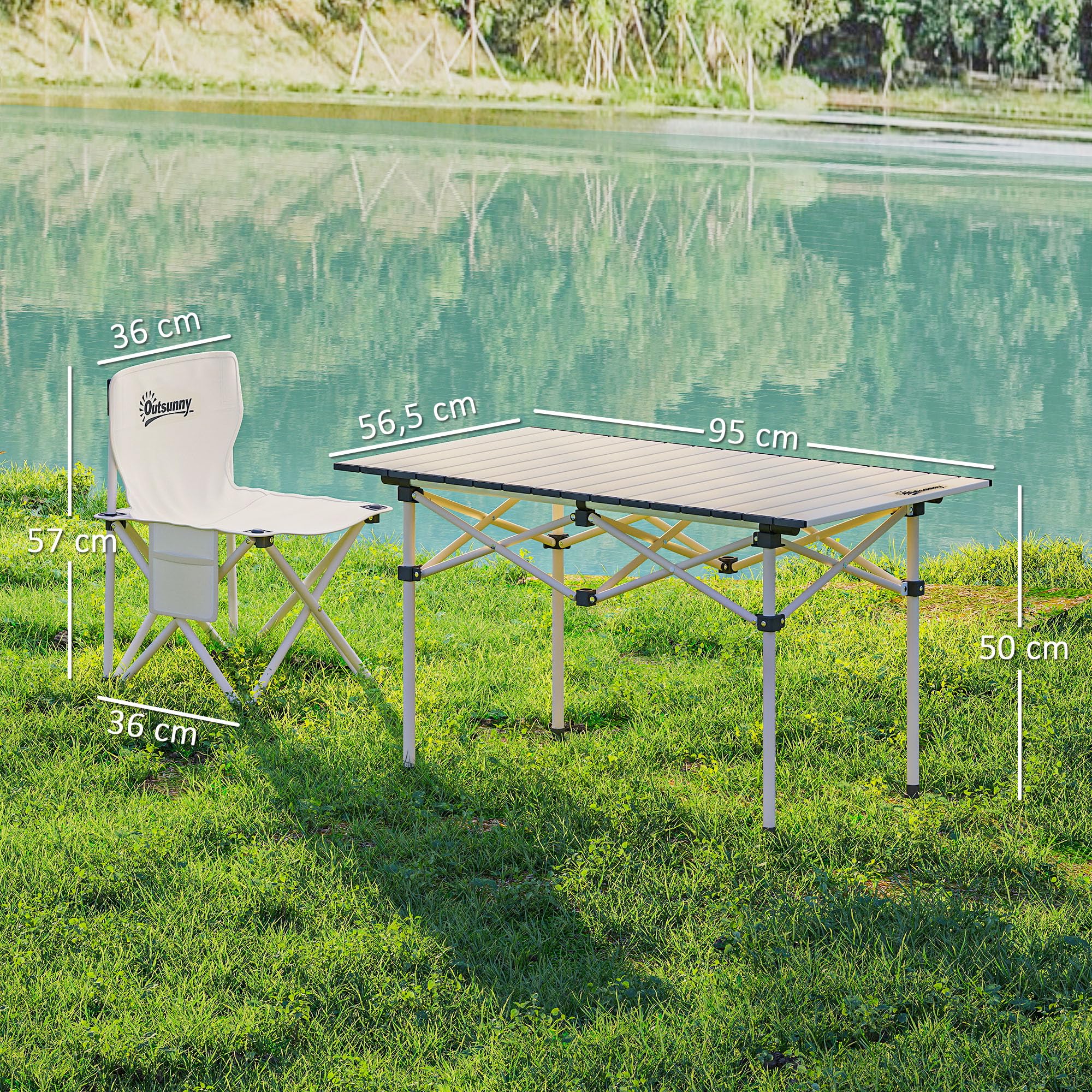 Outsunny Tavolo da campeggio con 4 sedie pieghevoli, set di tavolo e sedie da campeggio da 5 pezzi con tasche laterali e borse per il trasporto, 95 x 56,5 x 50 cm, bianco