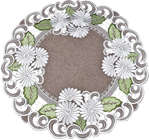 Linens, Art and Things Margarita blanca bordada con hojas verdes sobre marrón, tablero de mesa, tapete redondo, centro de mesa (redondo de 24