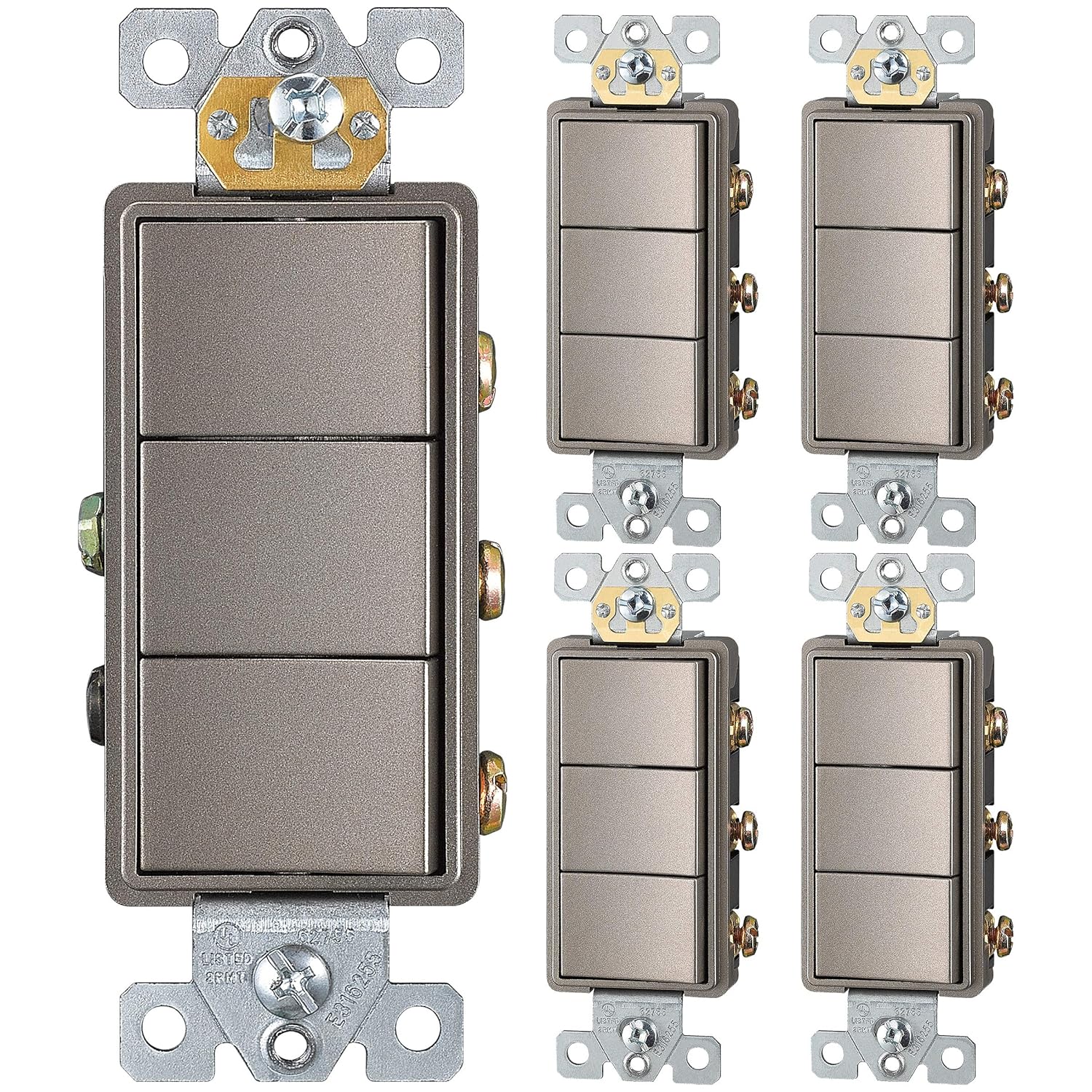 ENERLITES Triple Paddle Rocker Decorator Switch, Clamp-Type Back Insert, Copper Wires Only, Single Pole, Residential/Commercial Grade,UL Listed, 62755-NK-5PCS, Nickel (5 Pack)