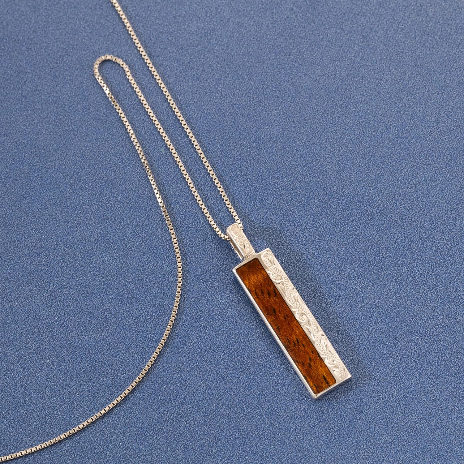 925 Sterling Silver Hawaiian Heirloom Scroll Koa Wood Bar Necklace Pendant with 18" Box Chain, Nickel Free Hypoallergenic for Sensitive Skin, Gift Box Included