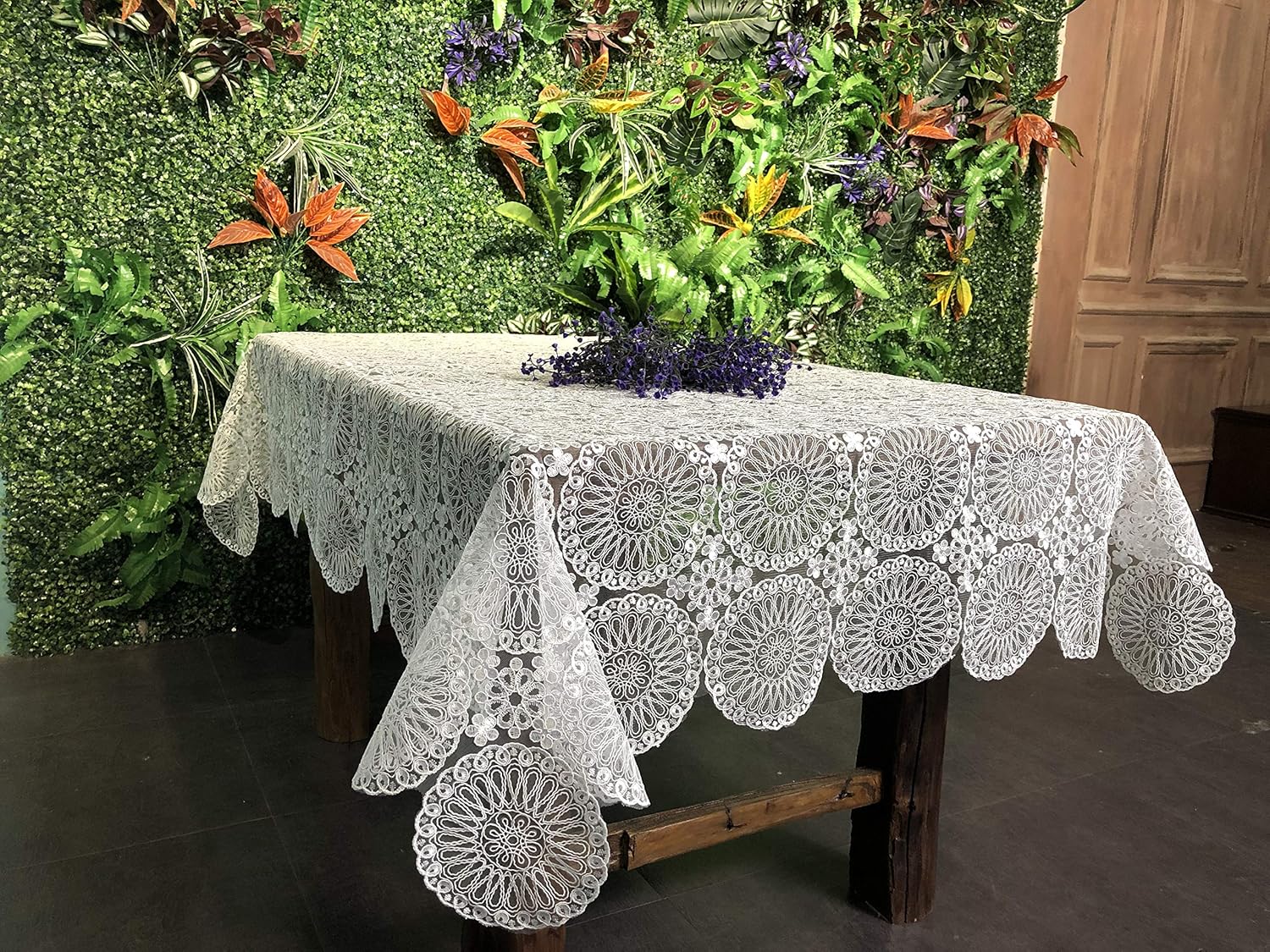 Violet Linen Concord Vintage Floral Circles Pattern Polyester Embroidered Lace Tablecloth, 70" X 108", White