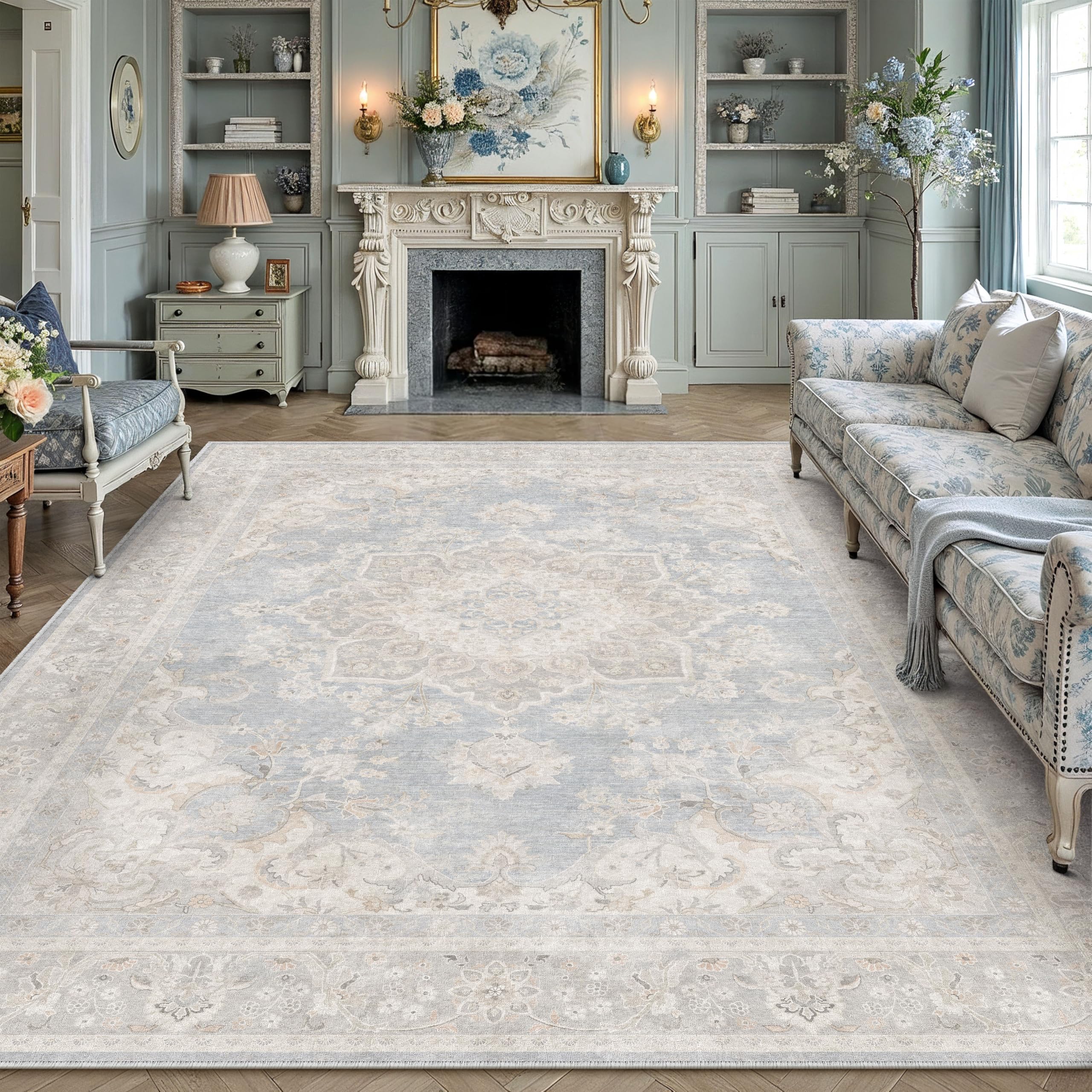 PureCozy Vintage Rugs Living Room Area Rug 240x300cm Blue Washable
