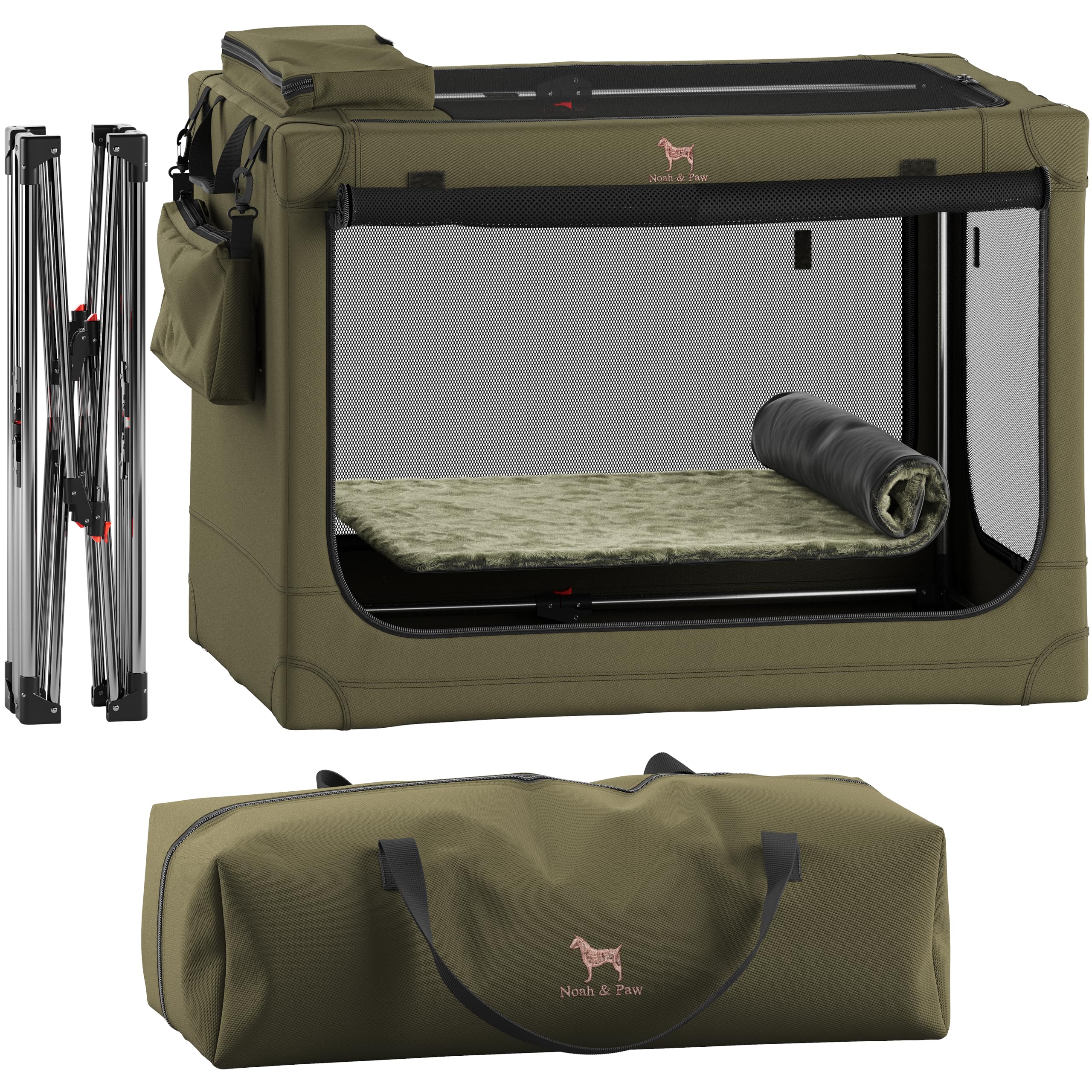 Noah & Paw Collapsible Dog Crate 30 Inches, Large Dog Crate for Large Medium Breeds, Travel Kennel for Car, Including Pet Mat for Pet Cage, 2 Storage Pockets, Handbag, 10mm Locking Zipper 30*21*21