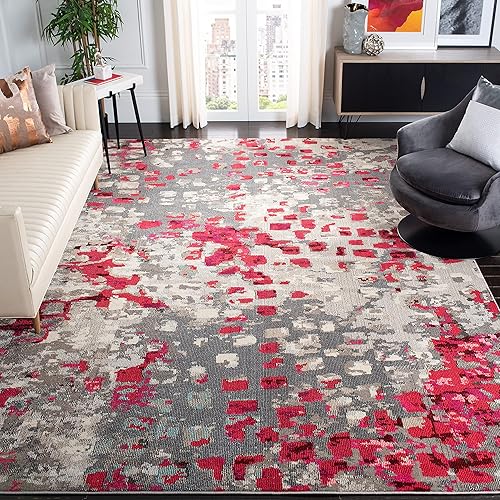 SAFAVIEH Monaco Collection MNC225R Boho Chic Abstract Watercolor Non-Shedding Living Room Bedroom Accent Area Rug, 4' x 5'7", Grey / Fuchsia