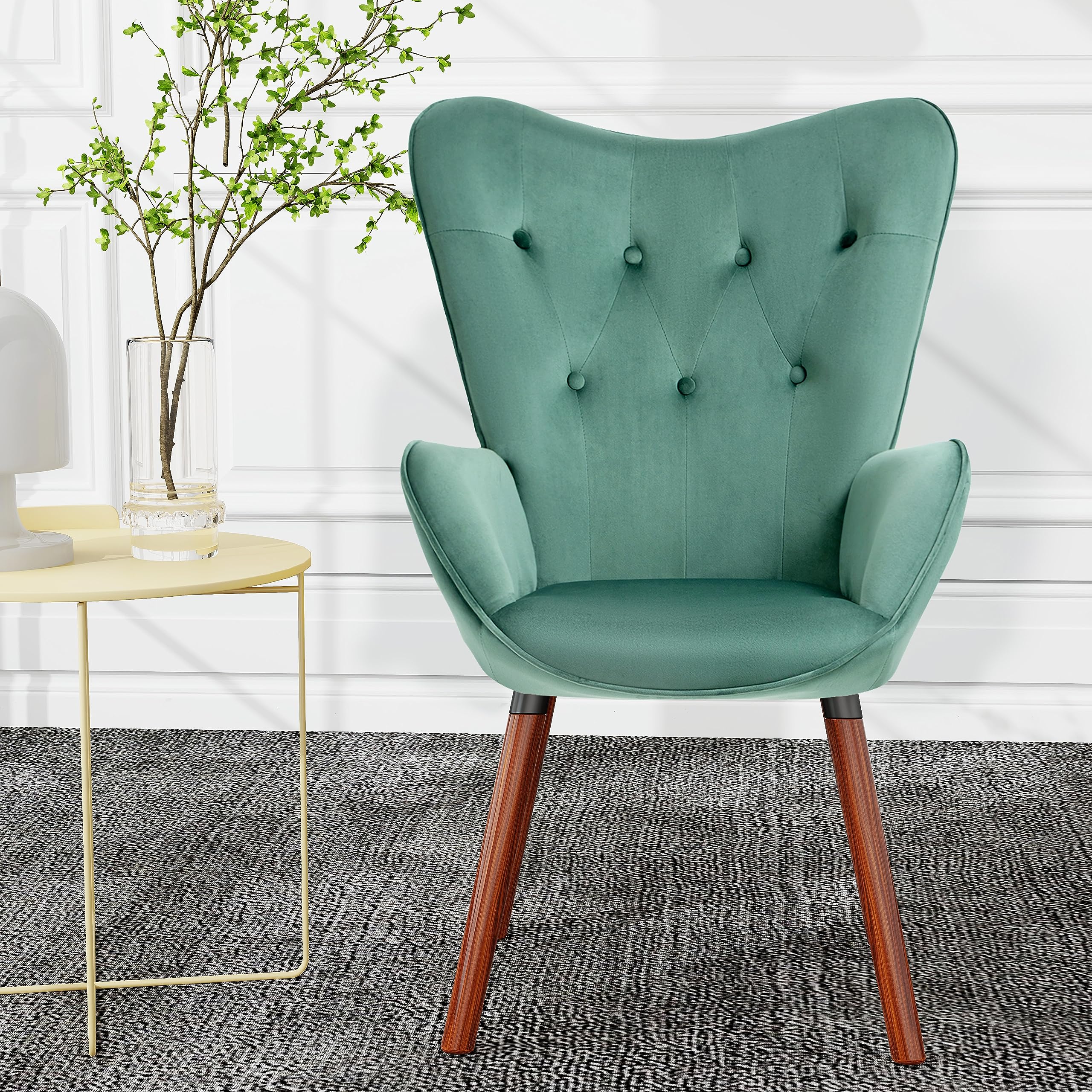 Fangflower Velvet Accent Chair, Modern Button-Tufted Wingback Vanity Seat with Arms, Upholstered High-Back, Sturdy Wooden Legs for Bedroom, Lounge, Living Room, Dark Green