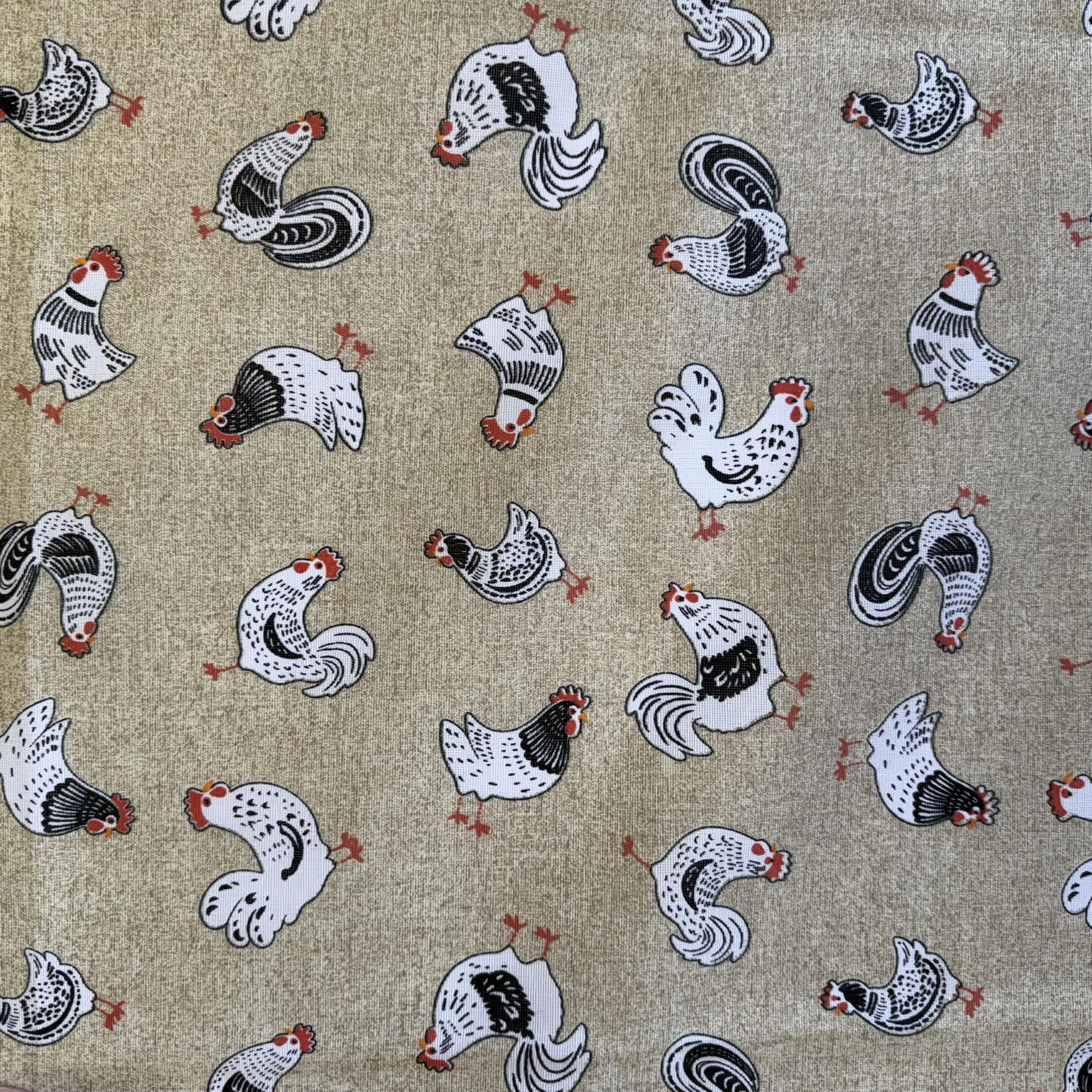 Glamour Secrets Beige Canvas Fabric - Chickens Hens Roosters Print Linen Look Craft Fabric Material Metre