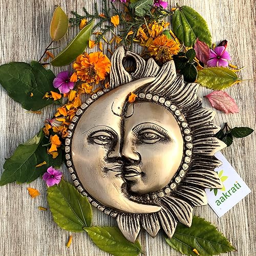 Sun Moon - Plato decorativo de metal de latón de media cara hecho a mano para pared y decoración del hogar, regalo, colgante de pared