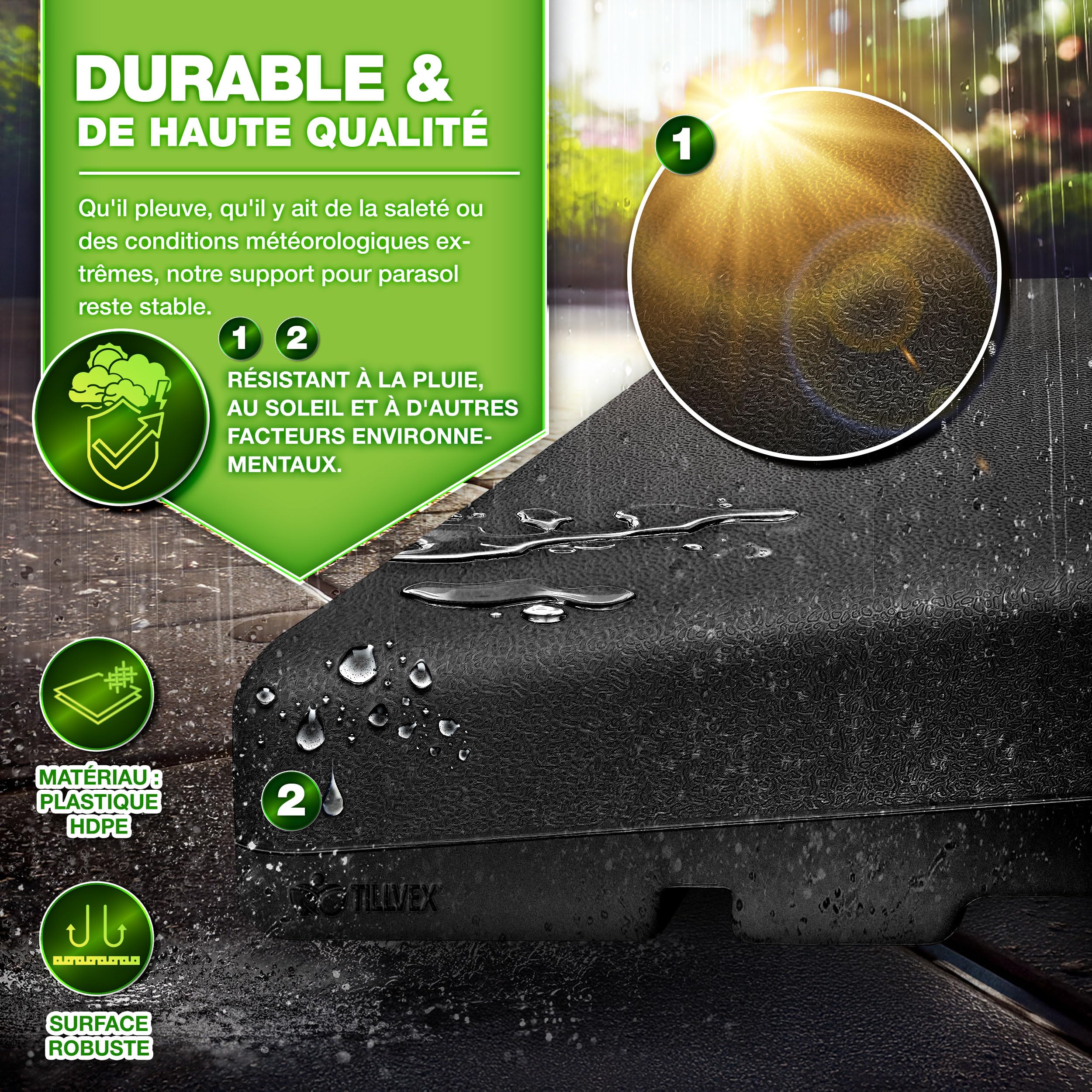tillvex® Lestage & Dalles Carrées pour Parasol Déporté – Pied de Parasol 90 litres / 120 kg, 4 Pièces avec Connecteur Métallique | Base Remplissable avec Eau ou Sable | Support de Parasol (Noir)
