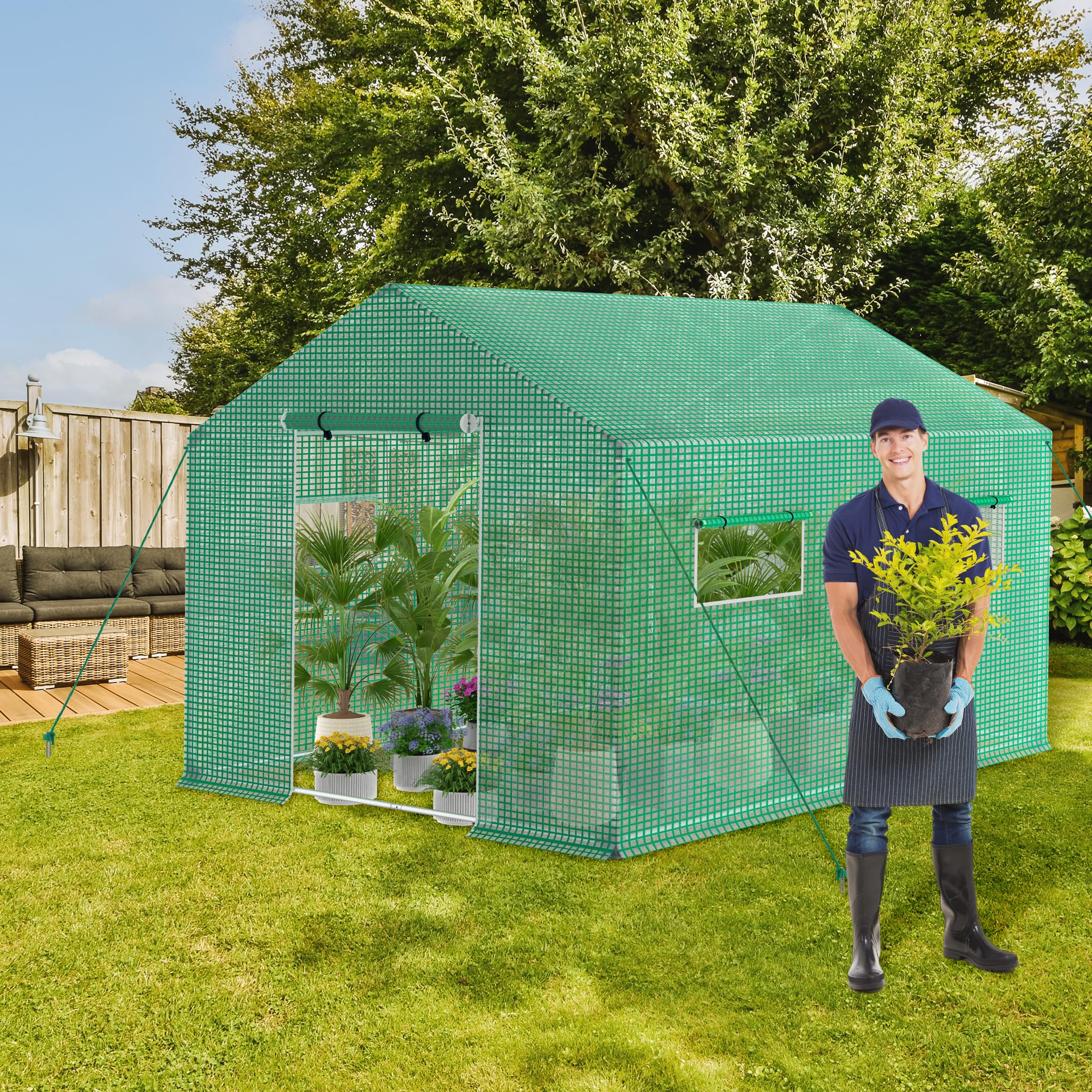 Froadp Gewächshaus Begehbar 3x2x2m, Foliengewächshaus Garten mit Verzinktem Stahlrahmen, UV-beständige PE Folie, Tomatenhaus mit Fenstern & Tür, Pflanzengewächshaus für Gemüse, Tomaten & Blumen