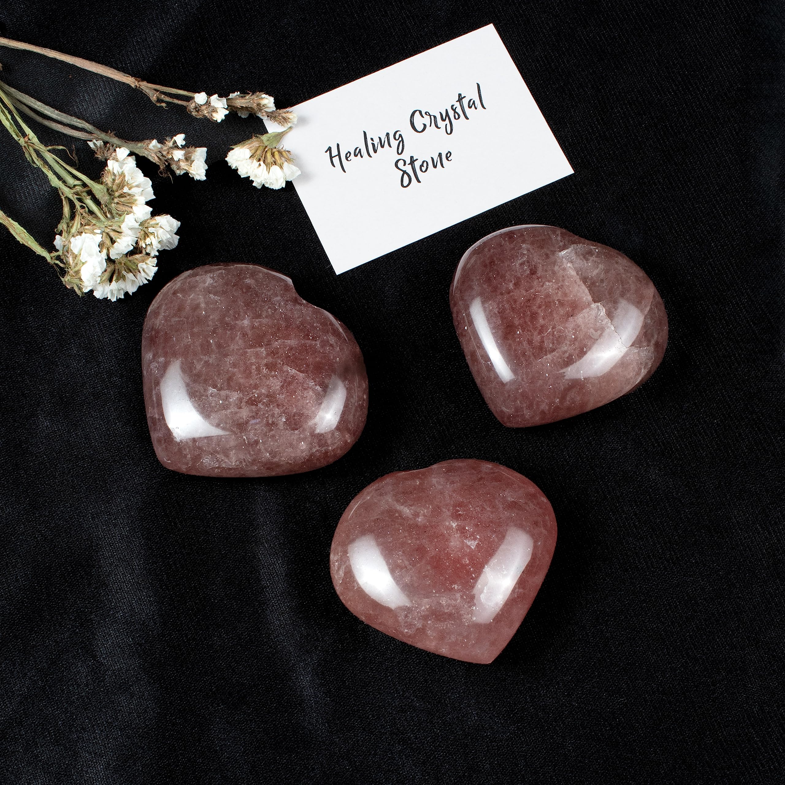 Crocon® 50mm Strawberry Quartz Heart stone Big Heart Shape Puff Stones Set 450+ Carats Pocket Crystal Healing Tumble Collection Palm Worry Stone Good Luck Charm Meditation Gift Craft Home Decor - Image 4