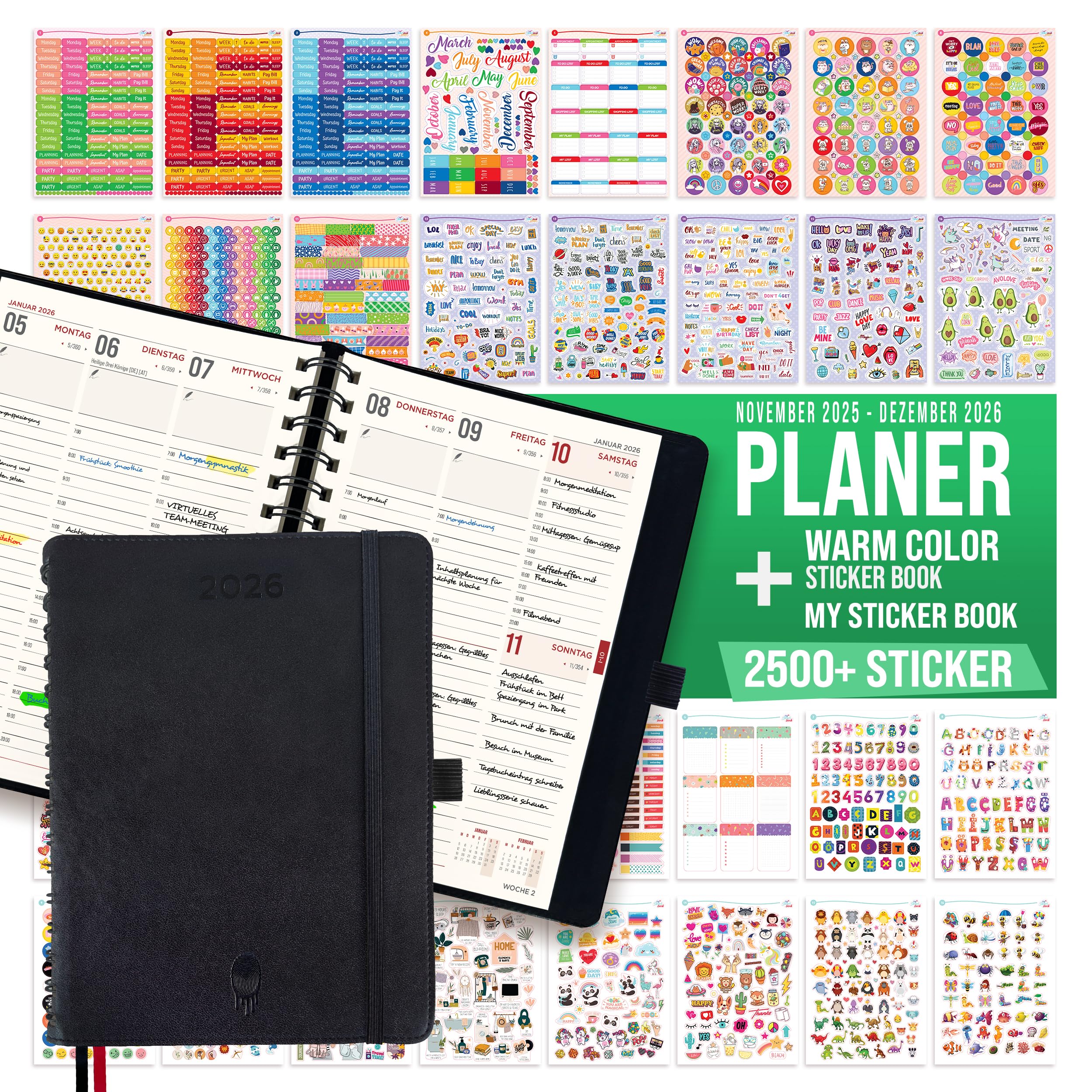 colortouch Tageskalender 2026 mit 2500+ St Organizer Aufkleber, Planner Sticker für Monatsplaner,Wochenplaner mit Softcove, A5 Taschenkalender Ringbuch auf Deutsch,14 Monate Kalender (Nov 25-Dez 26)