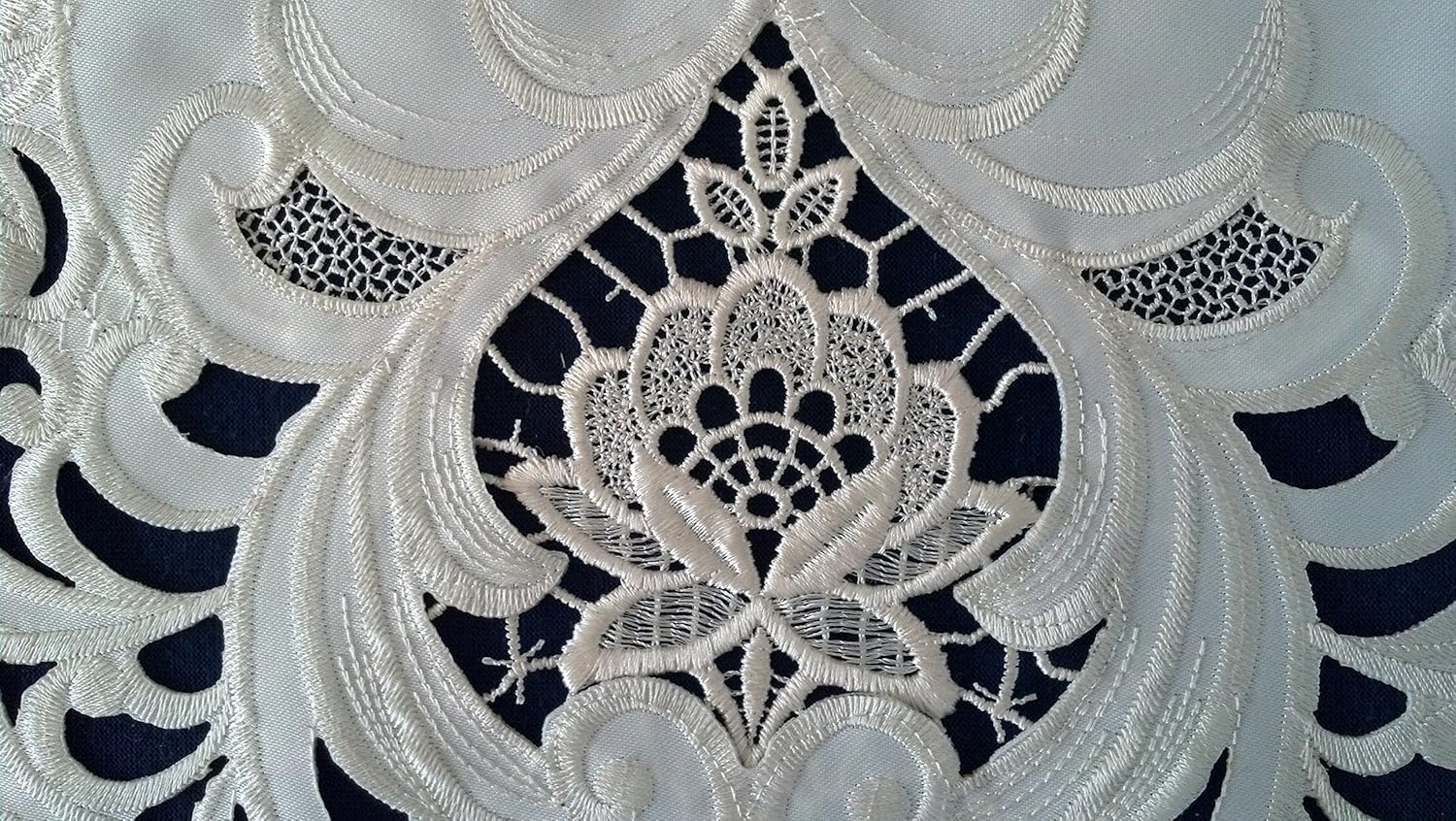 Table Runner with Ivory Lace Insets on Ivory Material, Size 34 x 15 inches