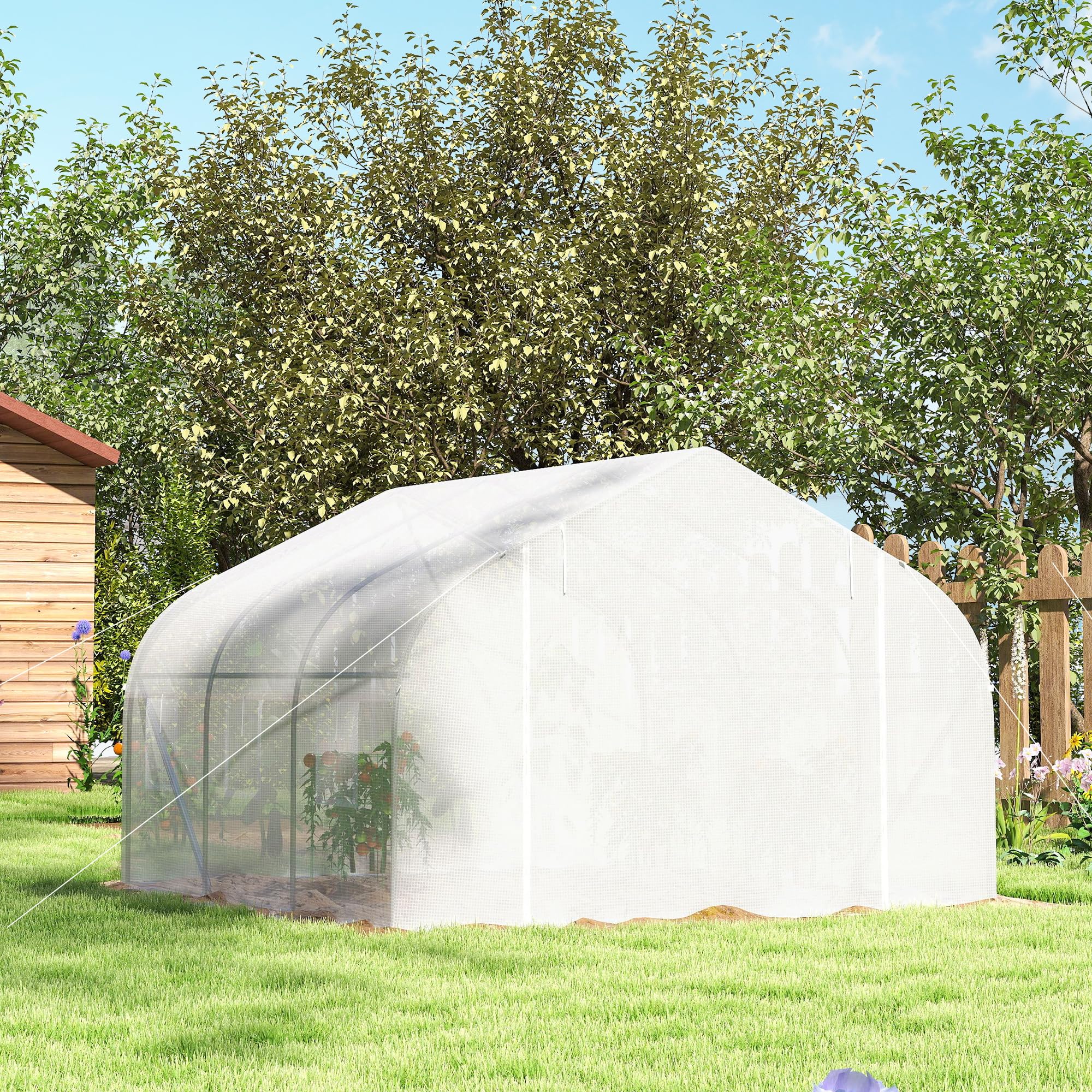 Outsunny Foliengewächshaus, 4,45 x 2,99 x 2,05 m Gewächshaus, Tomatenhaus mit UV-Schutz, Mesh-Fenster, Winddichtes Treibhaus für Garten, Balkon, Metall, Weiß
