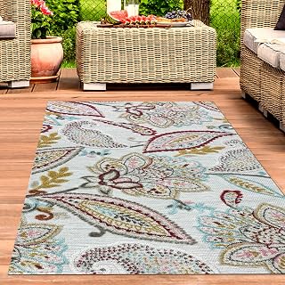 CARPETIA Outdoor Teppich mit floralem Muster wetterbeständig pflegeleicht für Wohnzimmer Balkon Esszimmer Terrasse stilvoll robust Creme Bunt 140 x 200 cm