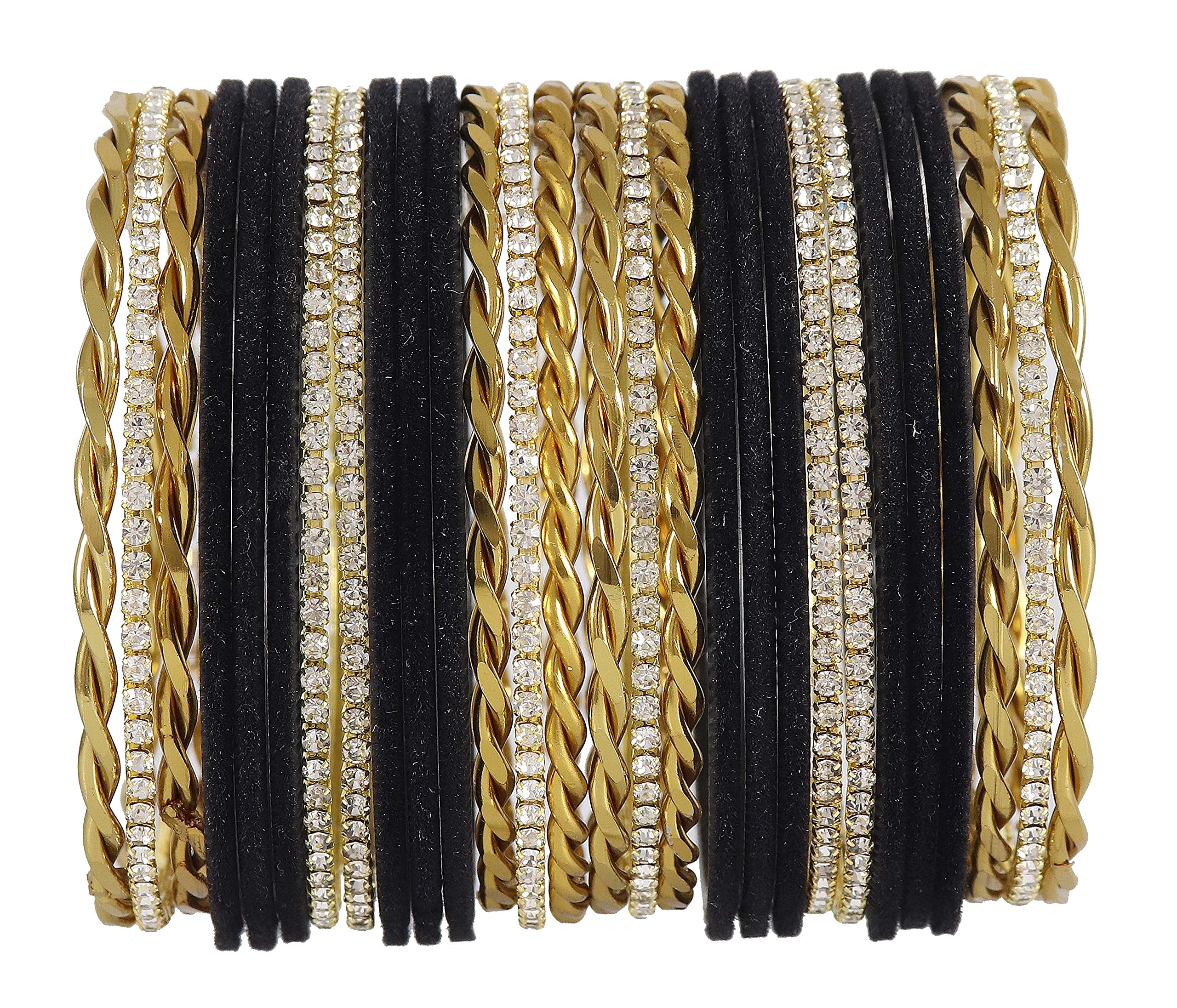 NMII Gold Plated Metal Velvet Bangles Set For Women & Girls with Zircon Gemstone Studded | Traditional Womens Bangles | Designer Gold Bangles | Fashion Jewellery- Set of 28-(F120_Black-2.8) (B095K248W8) Amazon Price History, Amazon Price Tracker
