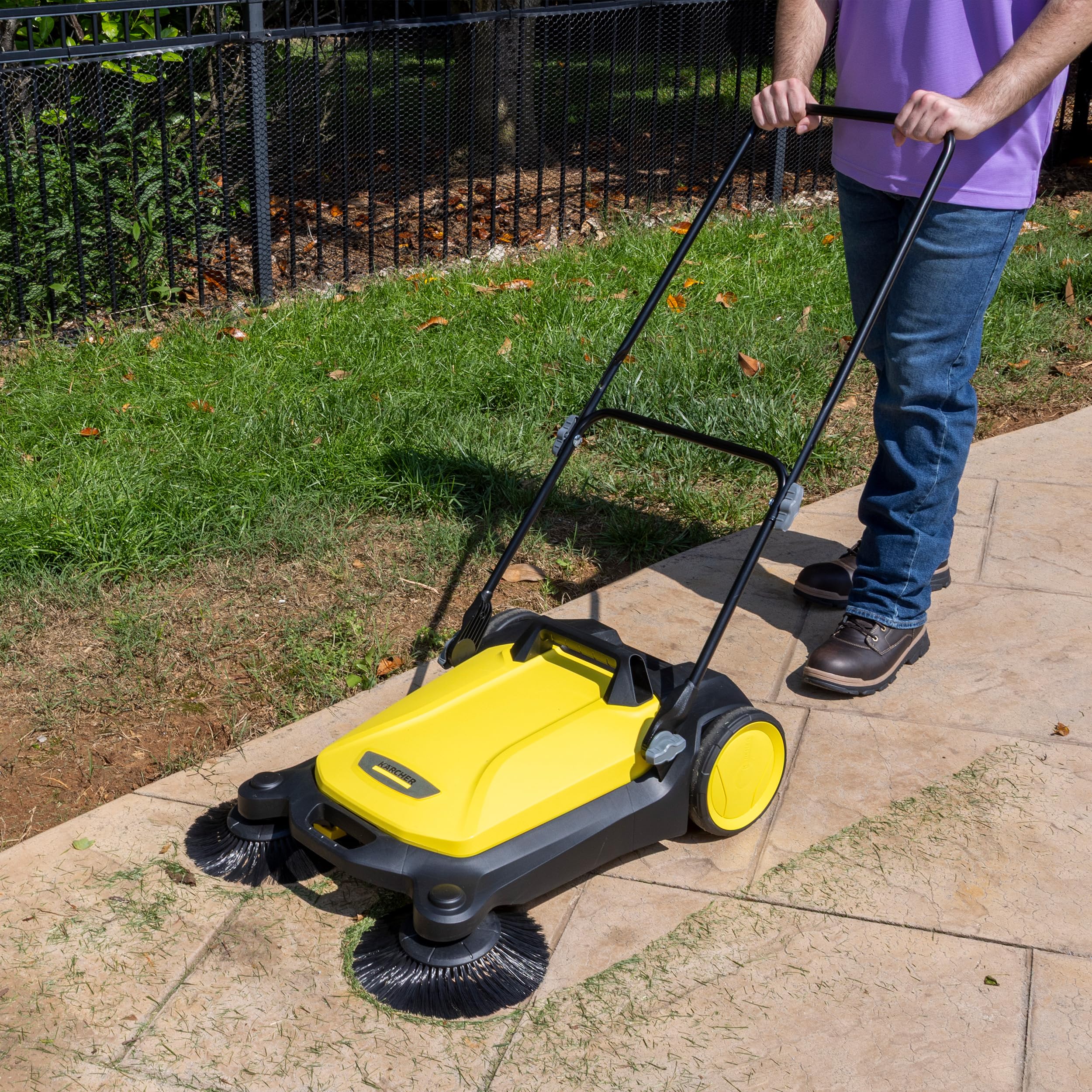 Kärcher Walk Behind Outdoor Push Sweeper S 4 Twin for Workshops, Warehouses or Garages - 5X Faster Than a Push Broom, 5.25 Gallon Capacity, 26.8" Sweeping Width