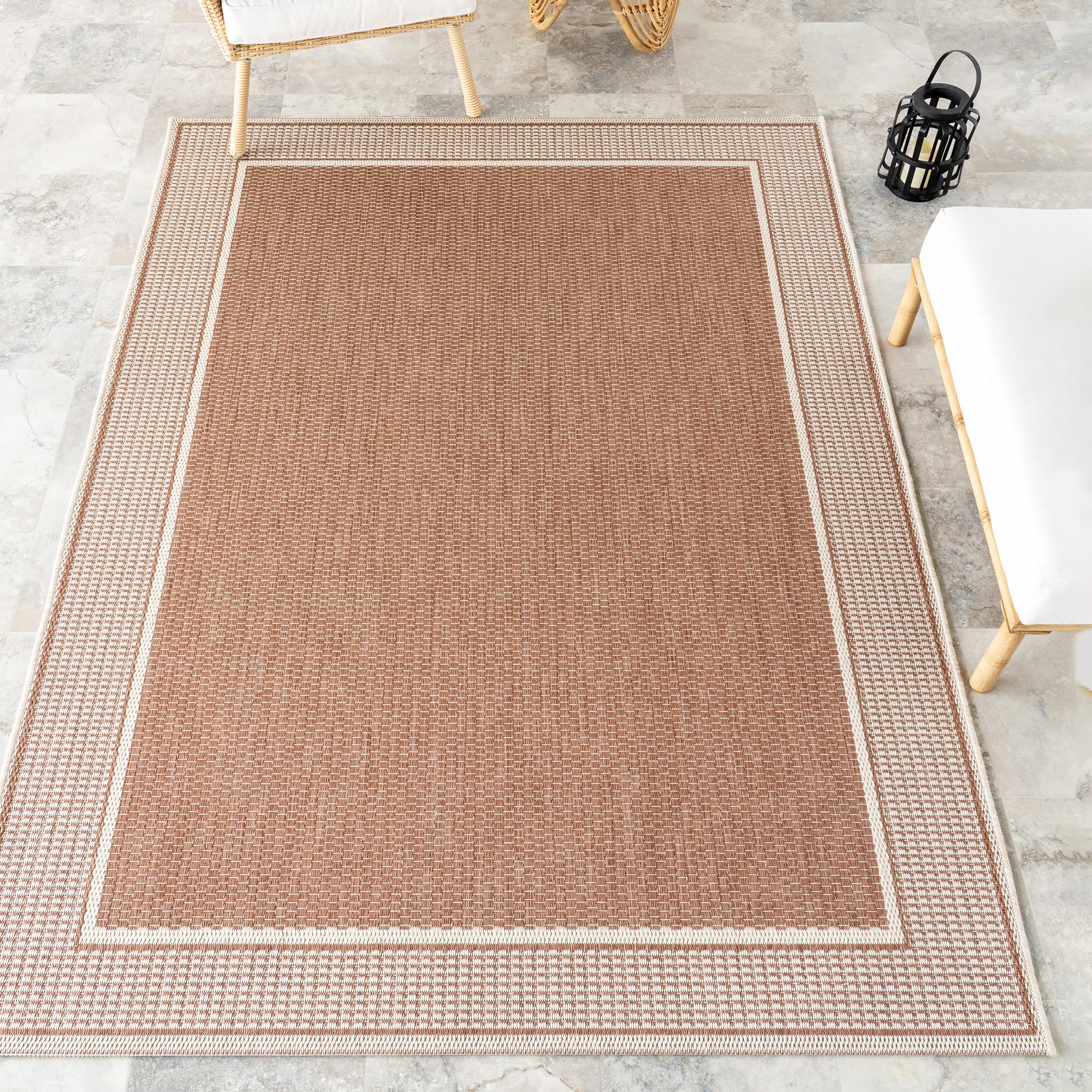 nuLOOM Gris Bordered 4x6 Indoor/Outdoor Area Rug for Living Room Patio Deck Front Porch Kitchen, Brown/Beige