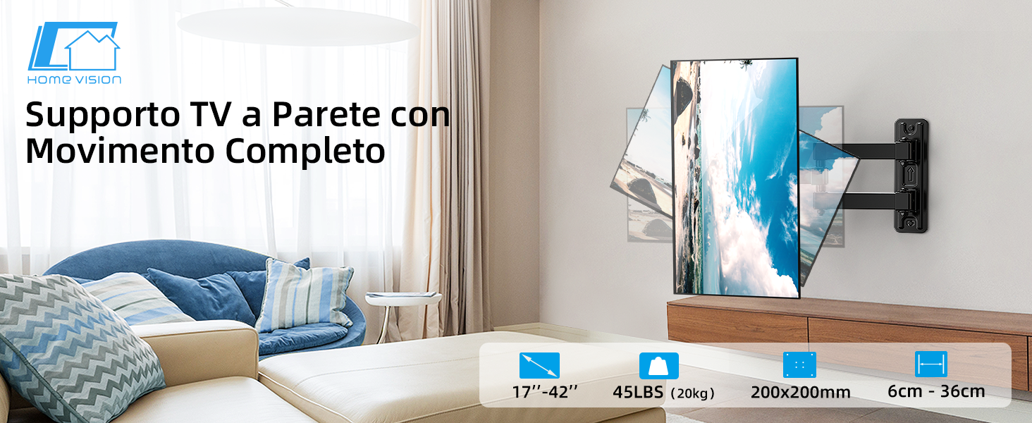 HOME VISION Supporto TV Full Motion 17-42” – Rotazione 360°, Estensione 55cm E Inclinazione 15°