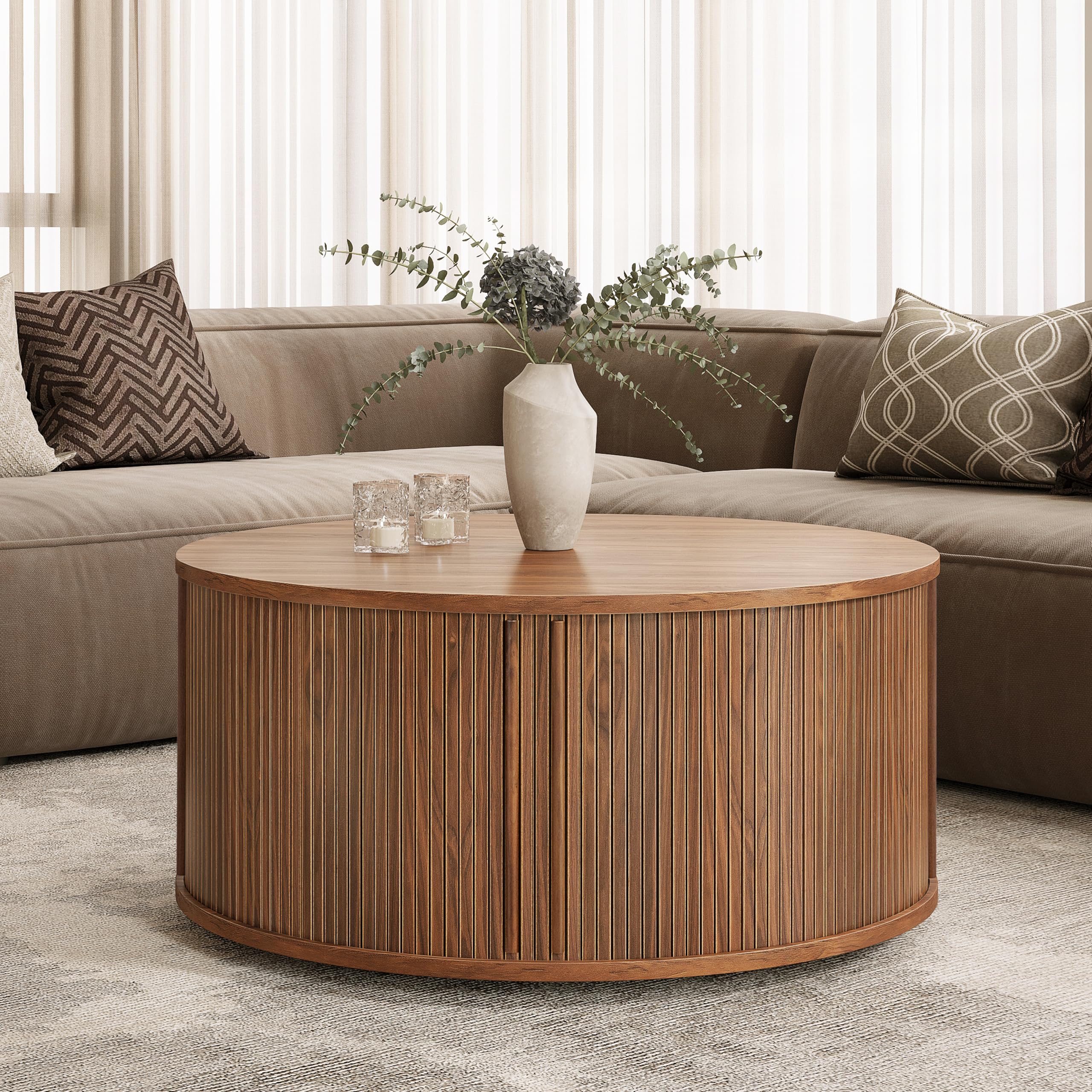 WERMO 35 Round Coffee Table with Storage and Shelves - Round Center Table for Living Room and Office