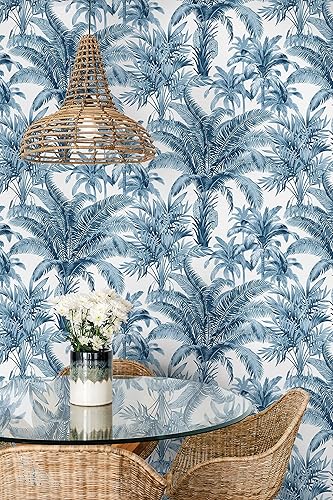 Miniatura 4 de Casa Mia Papel tapiz de vinilo Palm Grove para despegar y pegar (cubre 30.75 pies cuadrados) (azul y blanco)