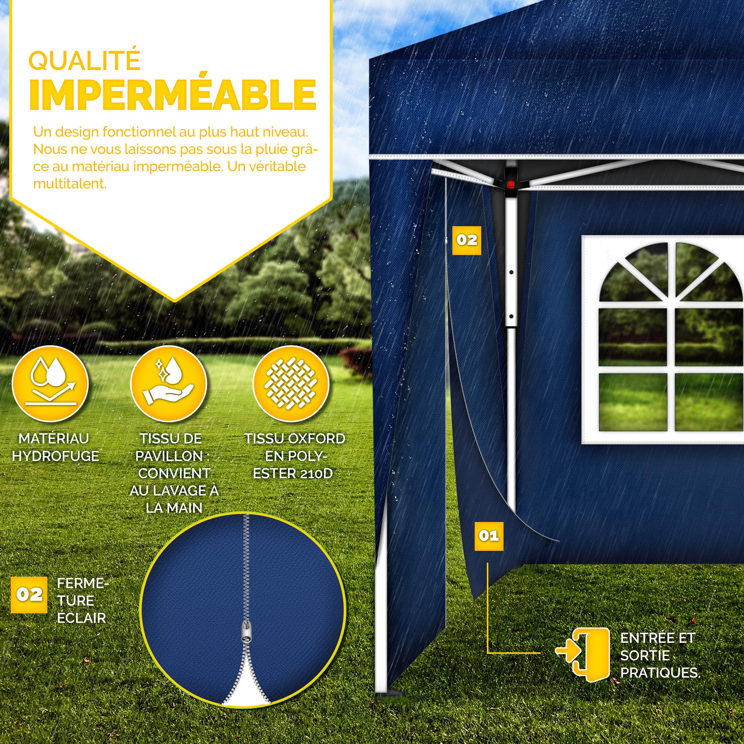 tillvex Tonnelle étanche 3 x 6 m pliable pop-up réglable en hauteur | Tente de jardin, protection UV 50+, tente de réception avec sac (bleu, avec 6 panneaux latéraux)