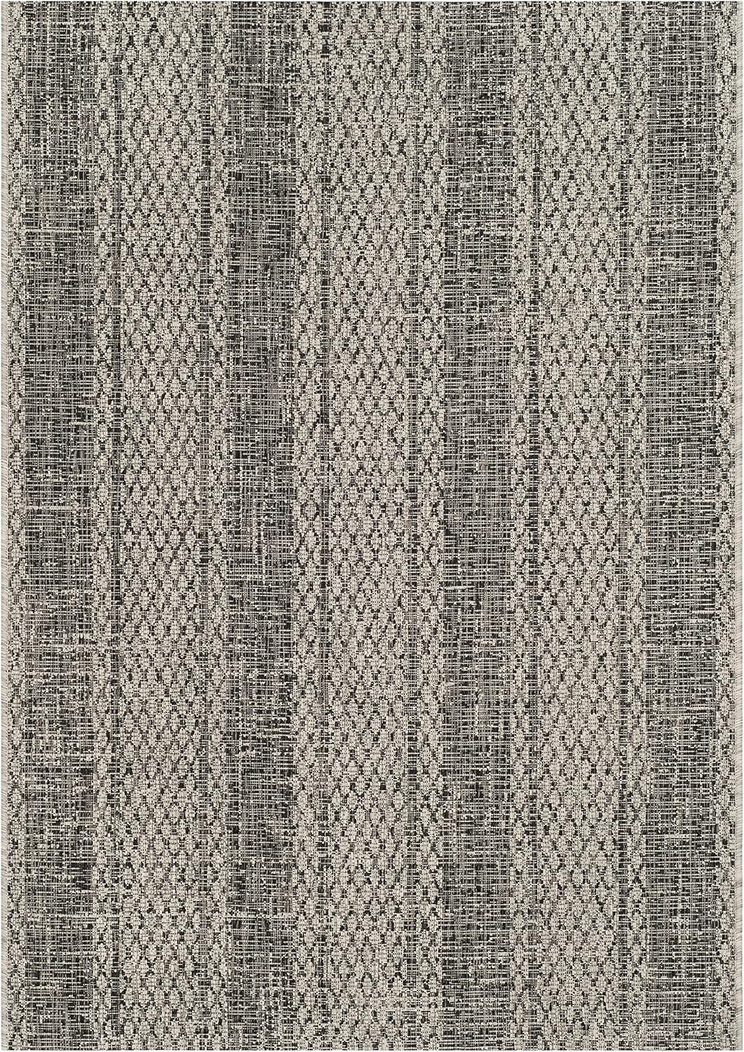 Light Grey and Black Rectangular Synthetic Outdoor Rug
