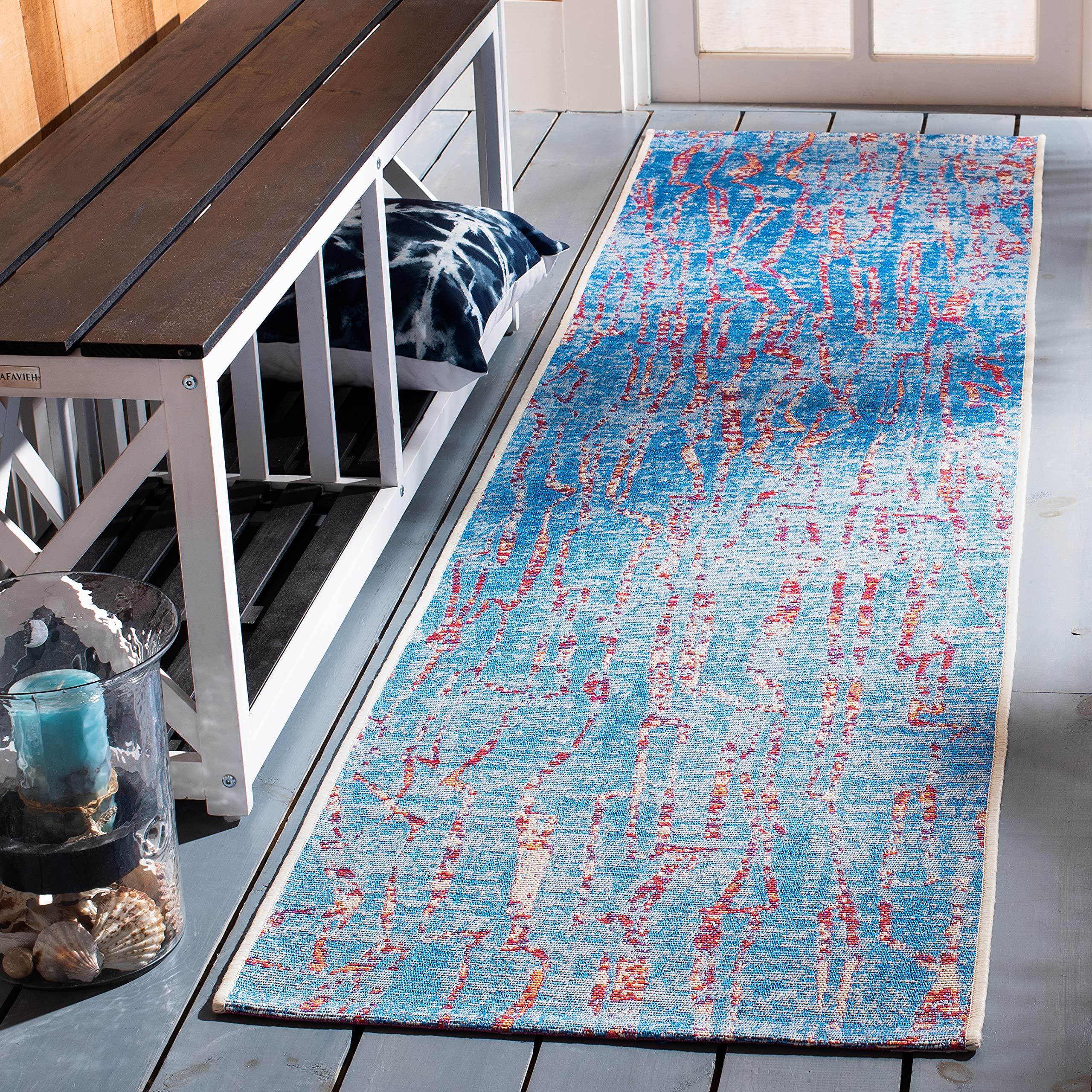 SAFAVIEH Washable Rug Outdoor Summer Collection - 2' x 8' Runner, Blue & Red, Non-Shedding & Easy to Clean, Ideal for Patio, Backyard, Mudroom (