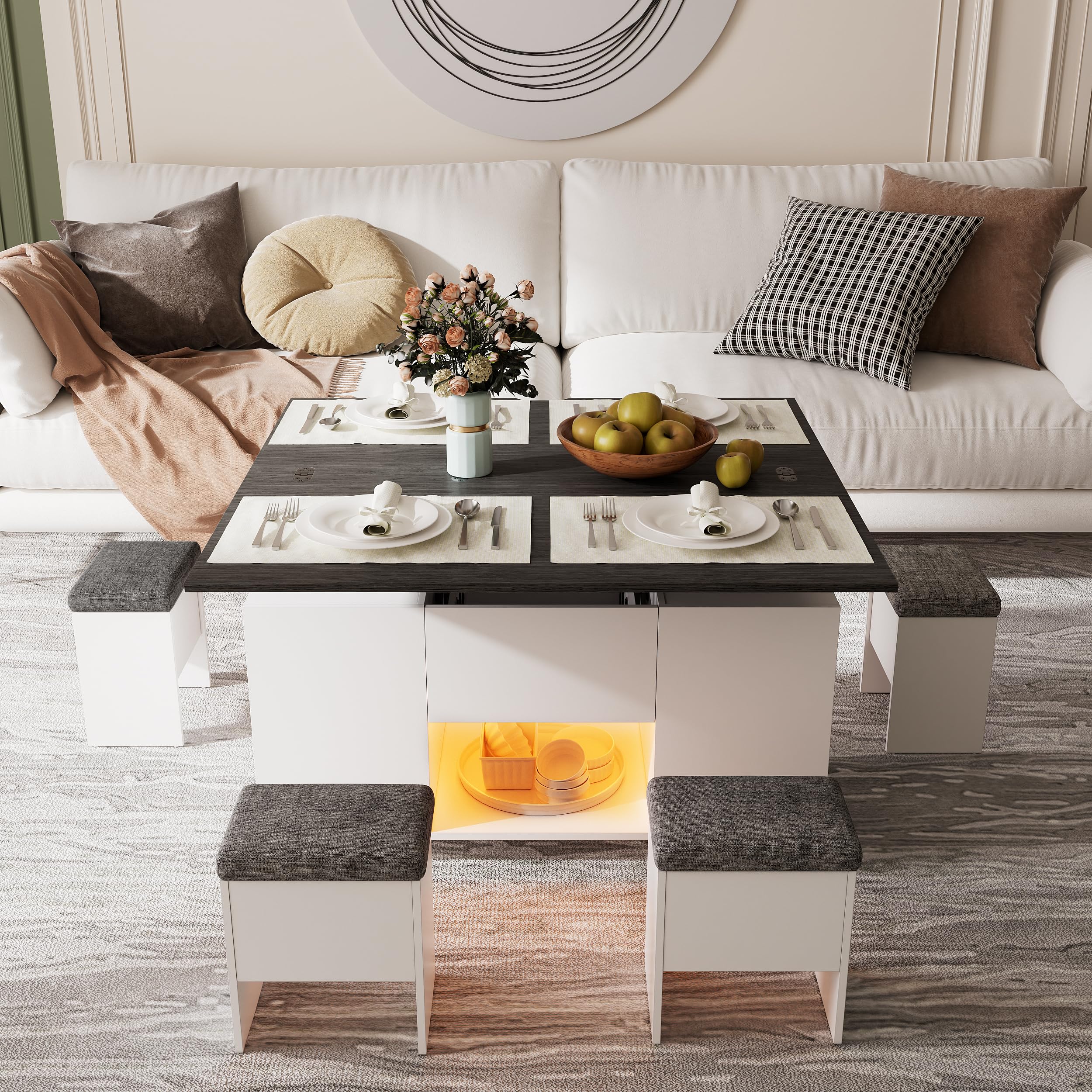 Couchtisch Umwandelbar in Wohnzimmer-Esstisch 4 in 1 Multifunktions-Wohnzimmertisch mit Stauraum & 4 Hockern Couchtisch Höhenverstellbar mit LED-Beleuchtung & Geräuscharmes Universalrad, Grau+Weiß