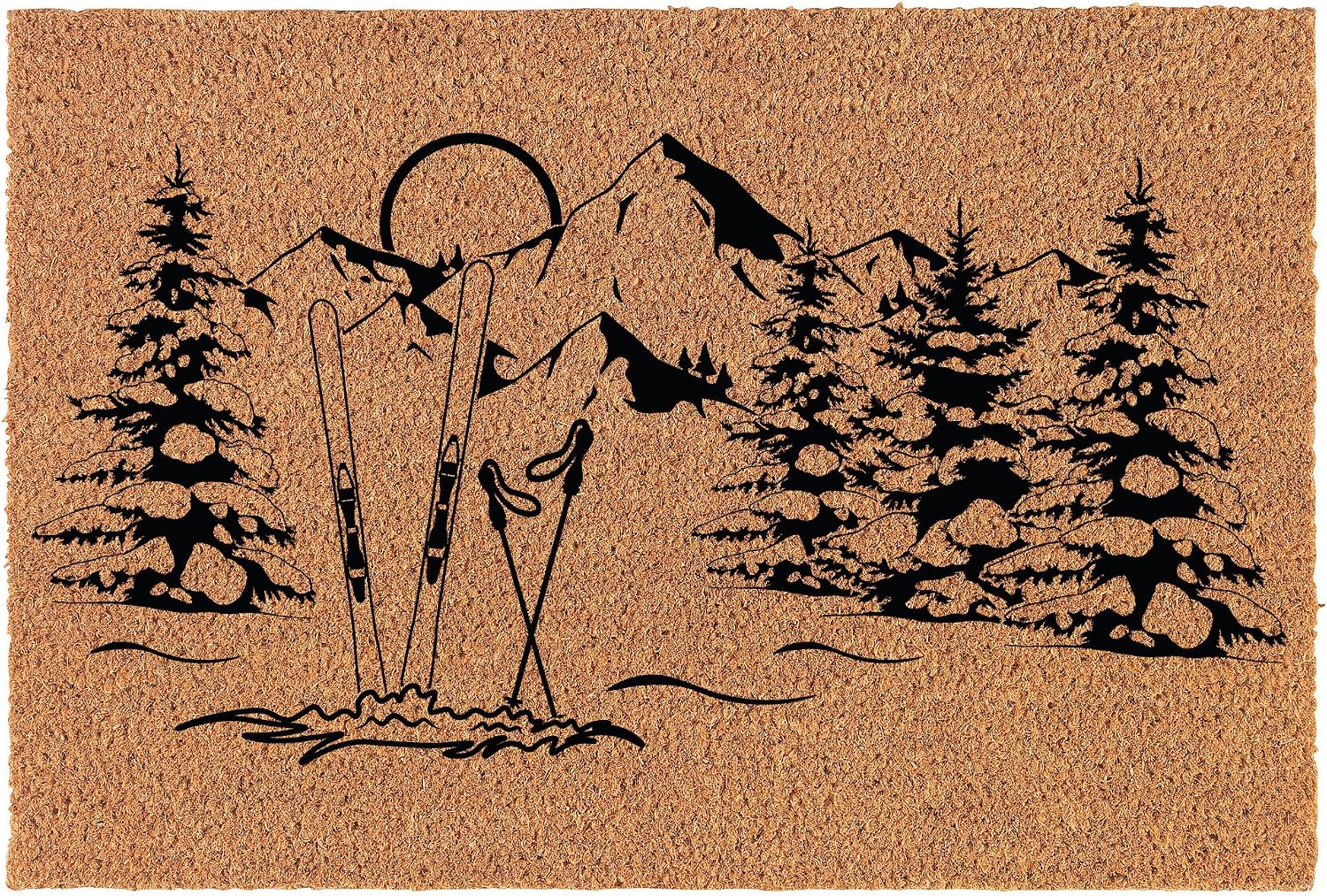 Welcome Doormat Coco Coir Door Mat Gift Skis Mountains Snowy Trees Winter (30" x 18")